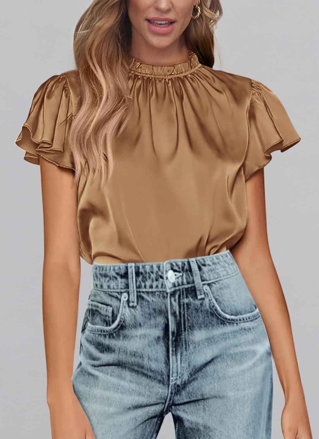 imagePRETTYGARDEN Business Casual Tops for Women Blouses Dressy 2025 Summer Short Sleeve Ruffle Satin Work Office AttireDark Khaki