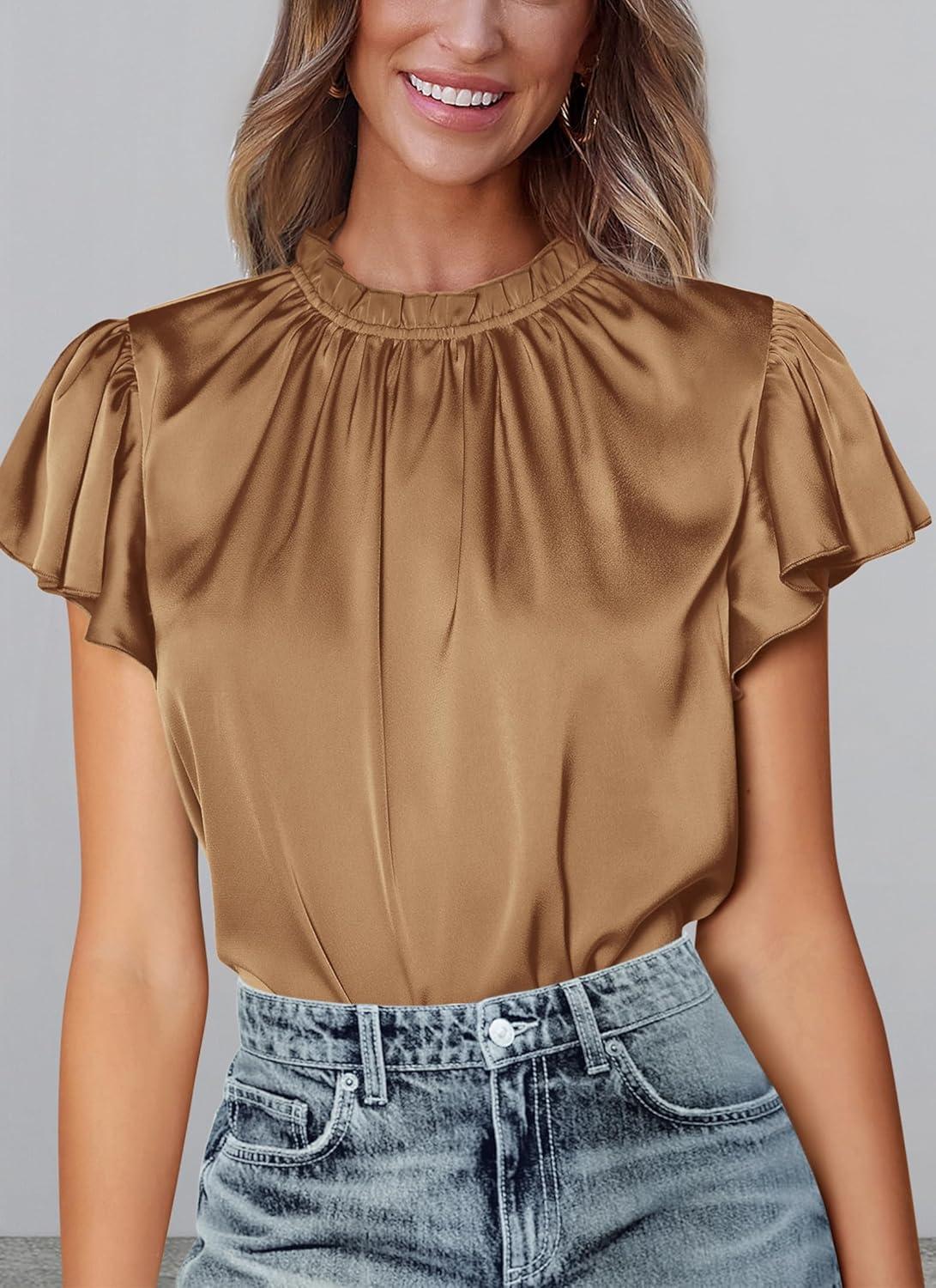 imagePRETTYGARDEN Business Casual Tops for Women Blouses Dressy 2025 Summer Short Sleeve Ruffle Satin Work Office AttireDark Khaki