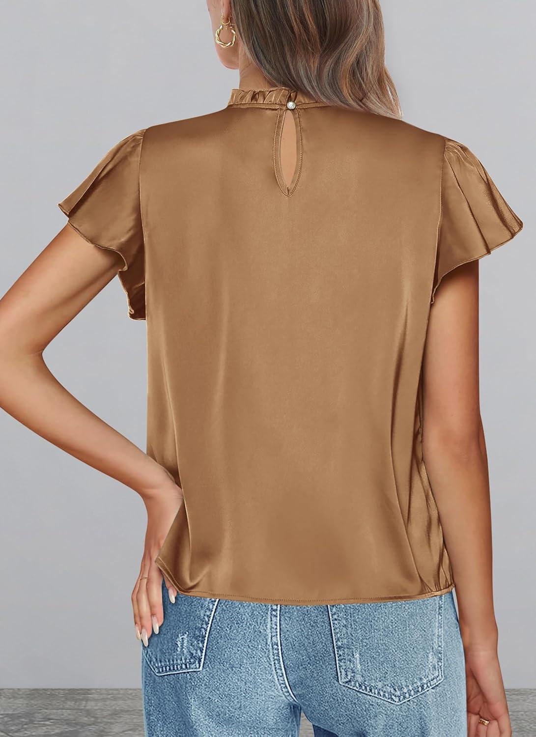 imagePRETTYGARDEN Business Casual Tops for Women Blouses Dressy 2025 Summer Short Sleeve Ruffle Satin Work Office AttireDark Khaki