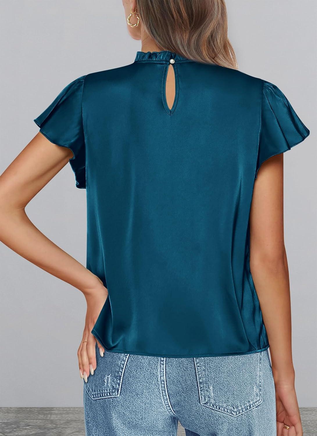 imagePRETTYGARDEN Business Casual Tops for Women Blouses Dressy 2025 Summer Short Sleeve Ruffle Satin Work Office AttireDark Sea Blue