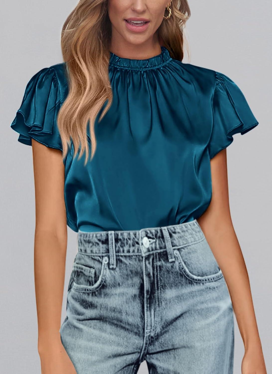 imagePRETTYGARDEN Business Casual Tops for Women Blouses Dressy 2025 Summer Short Sleeve Ruffle Satin Work Office AttireDark Sea Blue