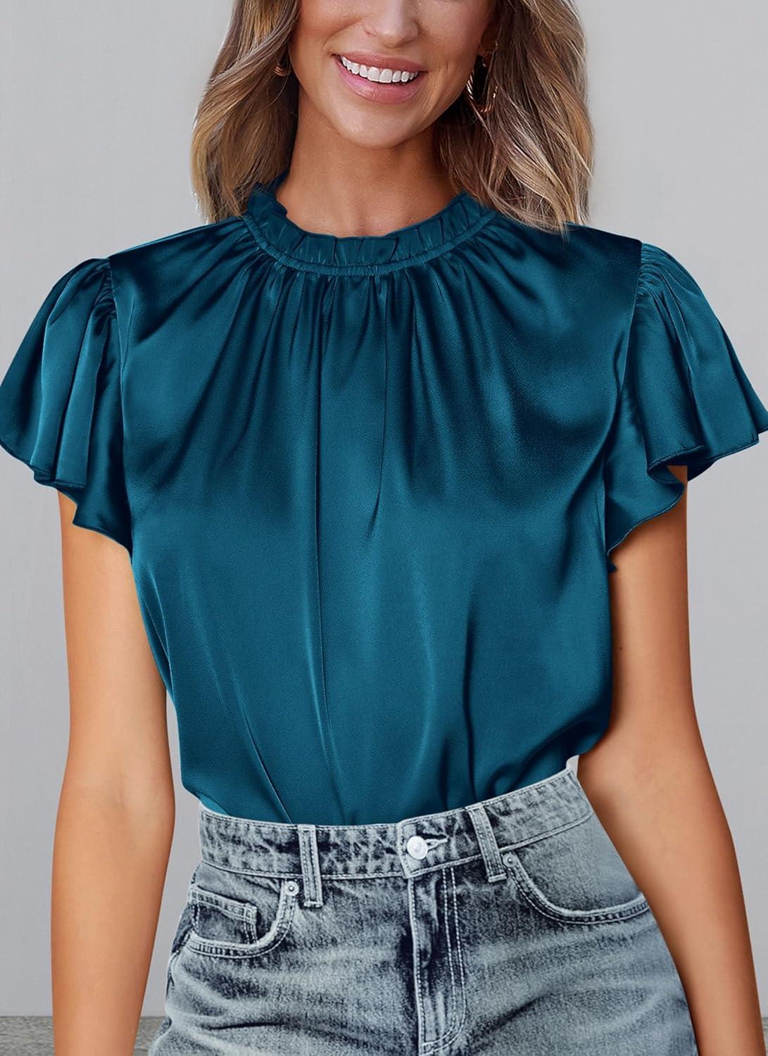 imagePRETTYGARDEN Business Casual Tops for Women Blouses Dressy 2025 Summer Short Sleeve Ruffle Satin Work Office AttireDark Sea Blue