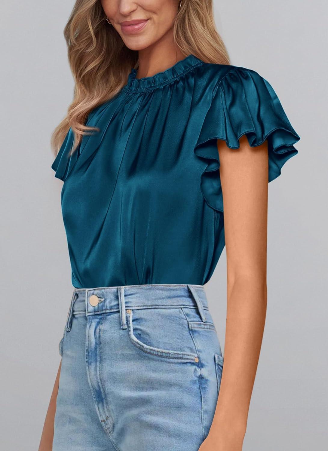 imagePRETTYGARDEN Business Casual Tops for Women Blouses Dressy 2025 Summer Short Sleeve Ruffle Satin Work Office AttireDark Sea Blue