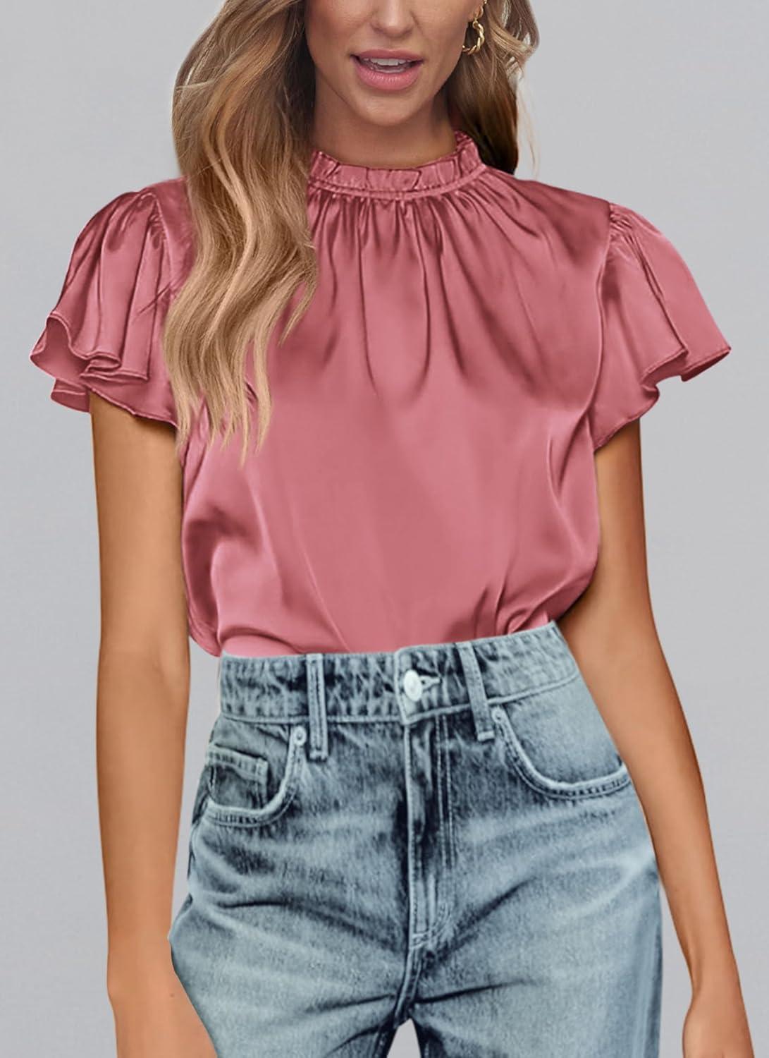 imagePRETTYGARDEN Business Casual Tops for Women Blouses Dressy 2025 Summer Short Sleeve Ruffle Satin Work Office AttireDusty Pink