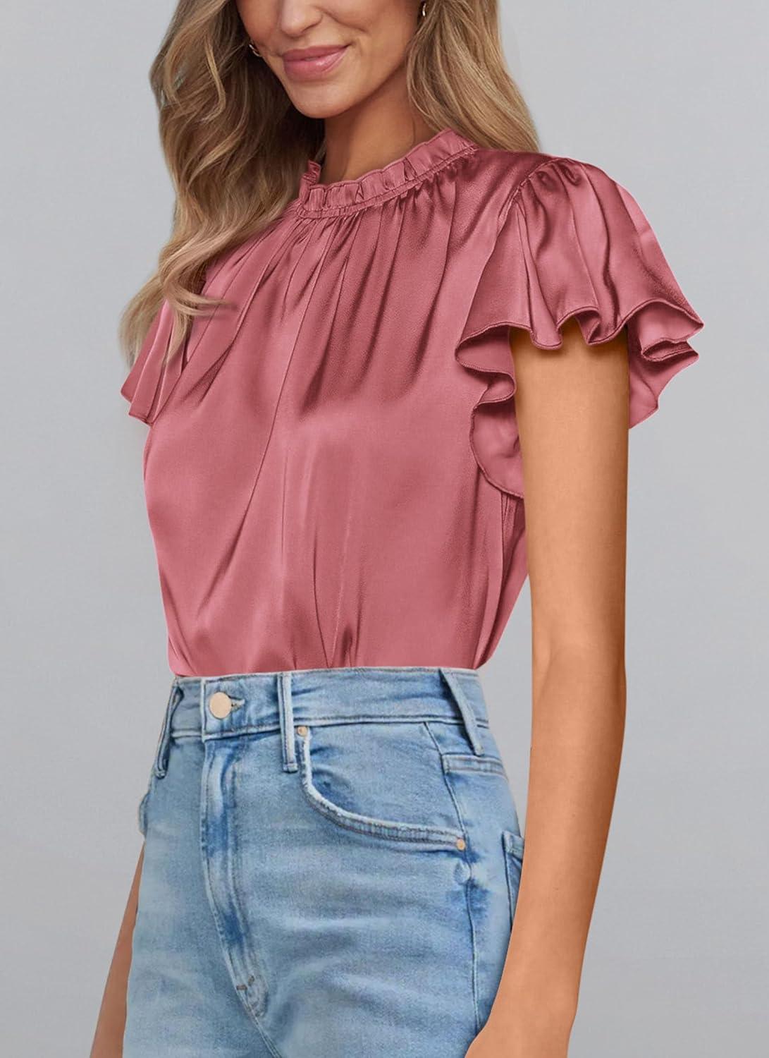 imagePRETTYGARDEN Business Casual Tops for Women Blouses Dressy 2025 Summer Short Sleeve Ruffle Satin Work Office AttireDusty Pink
