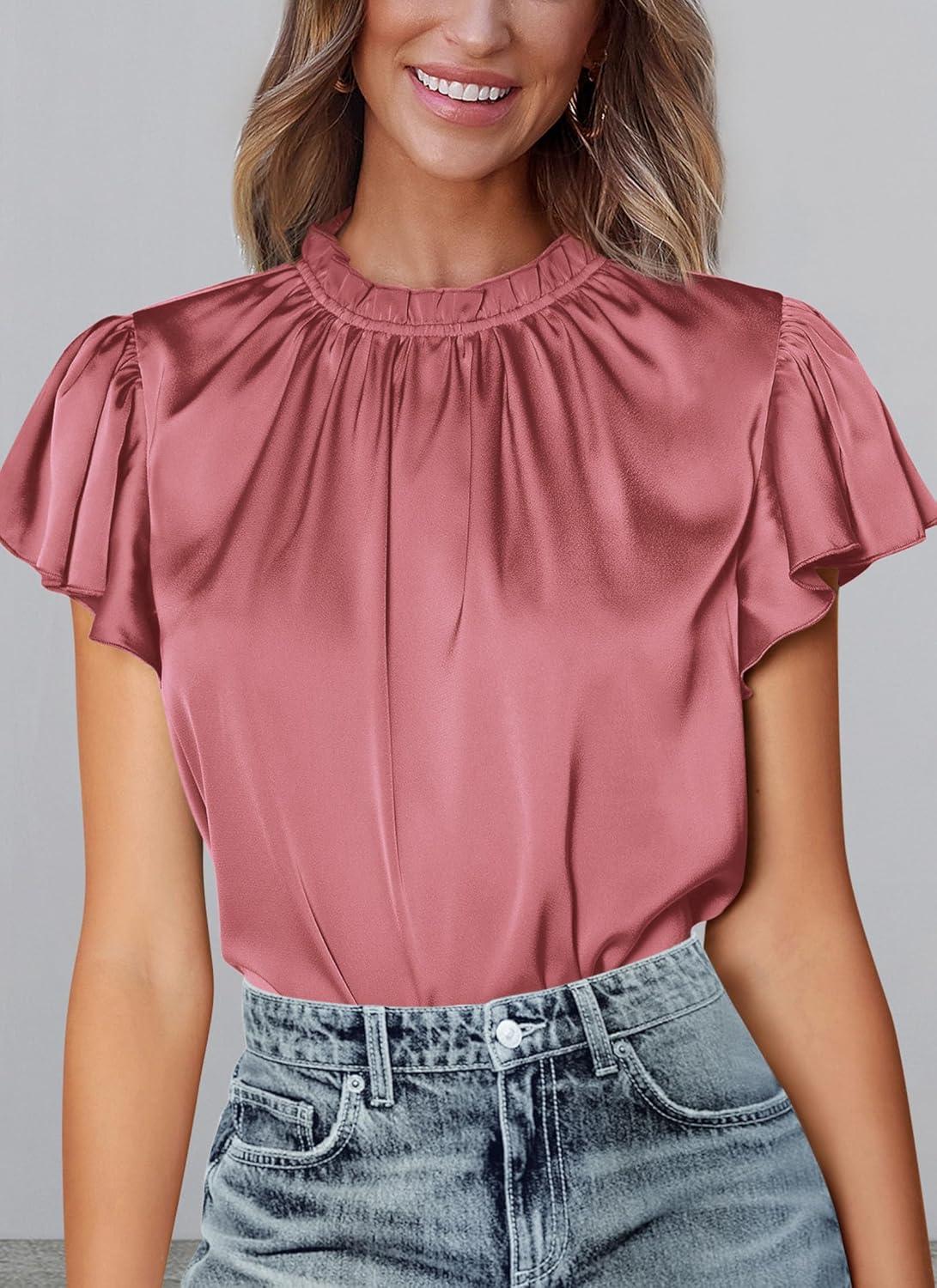 imagePRETTYGARDEN Business Casual Tops for Women Blouses Dressy 2025 Summer Short Sleeve Ruffle Satin Work Office AttireDusty Pink