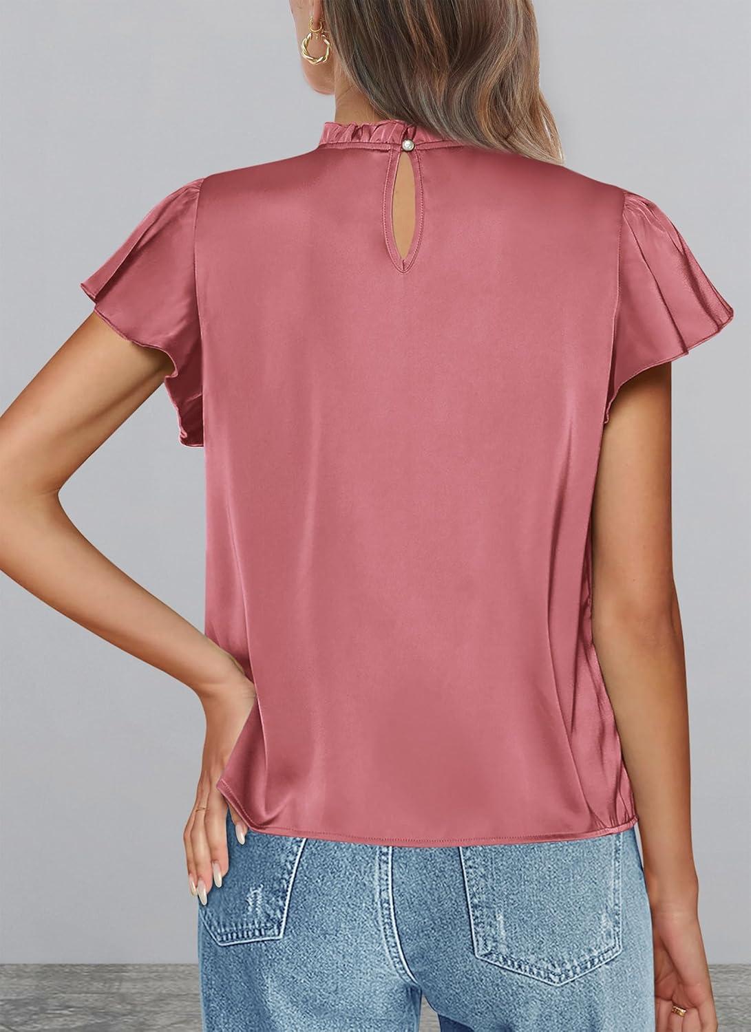imagePRETTYGARDEN Business Casual Tops for Women Blouses Dressy 2025 Summer Short Sleeve Ruffle Satin Work Office AttireDusty Pink