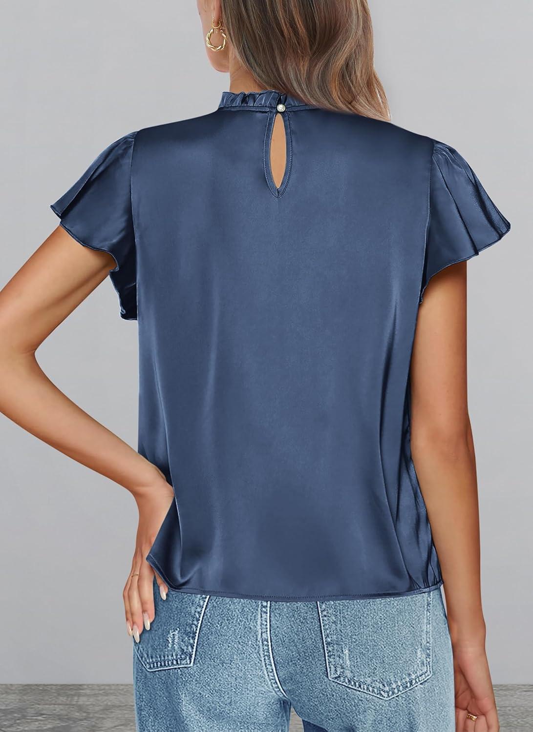 imagePRETTYGARDEN Business Casual Tops for Women Blouses Dressy 2025 Summer Short Sleeve Ruffle Satin Work Office AttireGrey Blue