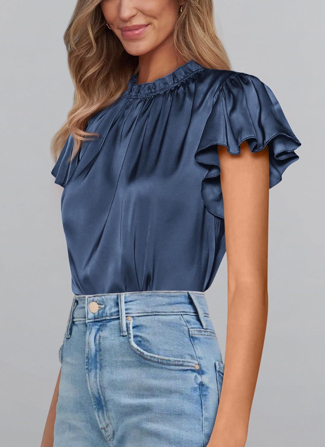 imagePRETTYGARDEN Business Casual Tops for Women Blouses Dressy 2025 Summer Short Sleeve Ruffle Satin Work Office AttireGrey Blue