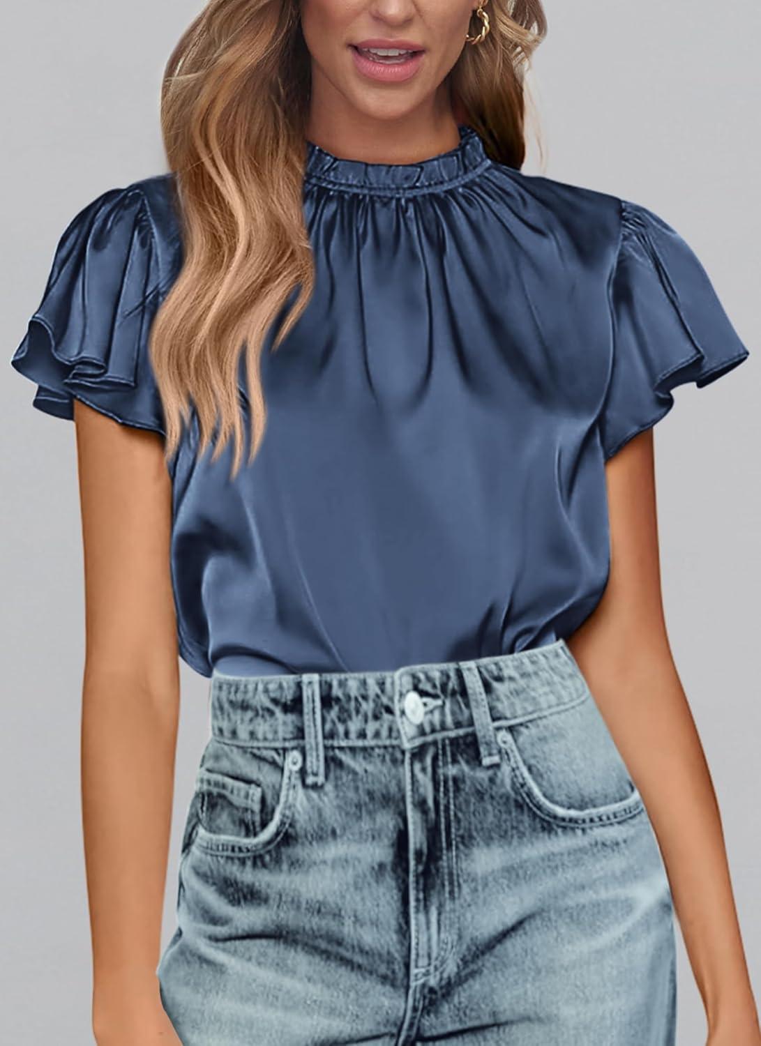 imagePRETTYGARDEN Business Casual Tops for Women Blouses Dressy 2025 Summer Short Sleeve Ruffle Satin Work Office AttireGrey Blue