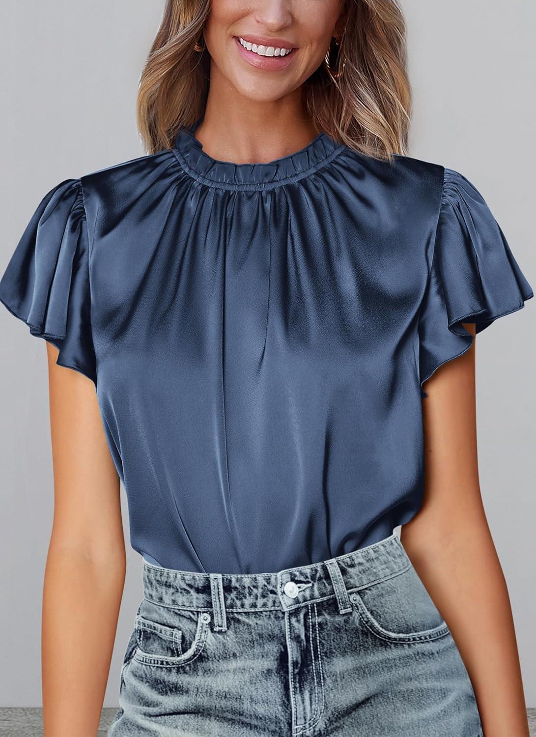 imagePRETTYGARDEN Business Casual Tops for Women Blouses Dressy 2025 Summer Short Sleeve Ruffle Satin Work Office AttireGrey Blue