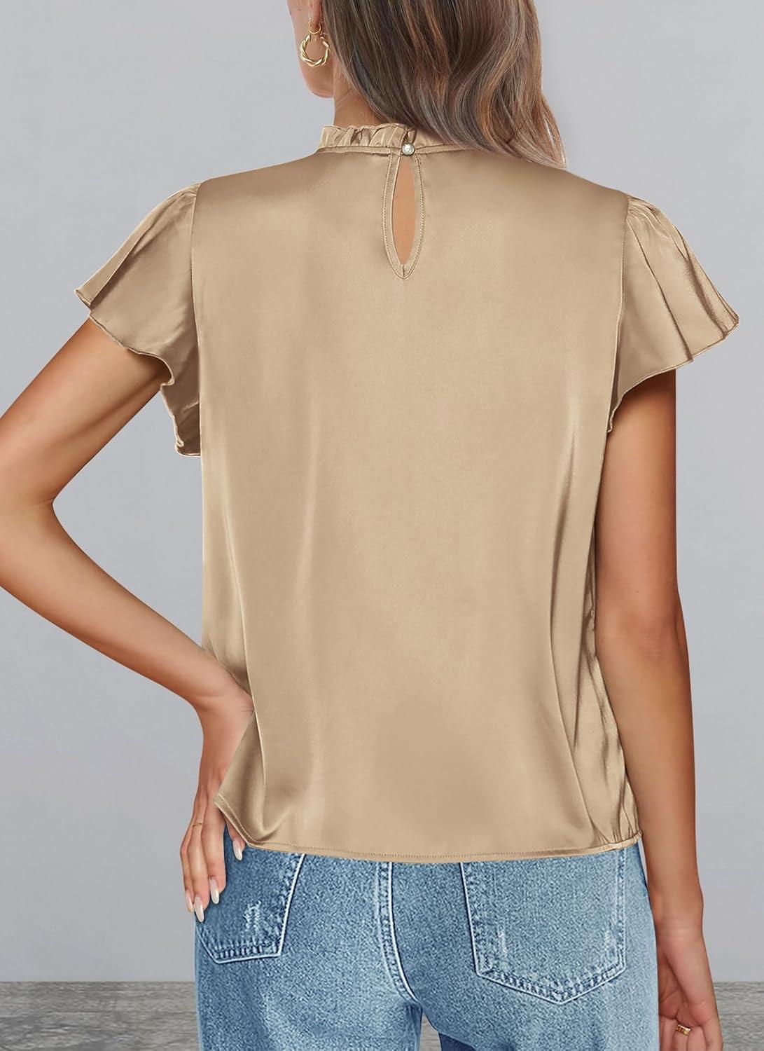 imagePRETTYGARDEN Business Casual Tops for Women Blouses Dressy 2025 Summer Short Sleeve Ruffle Satin Work Office AttireKhaki