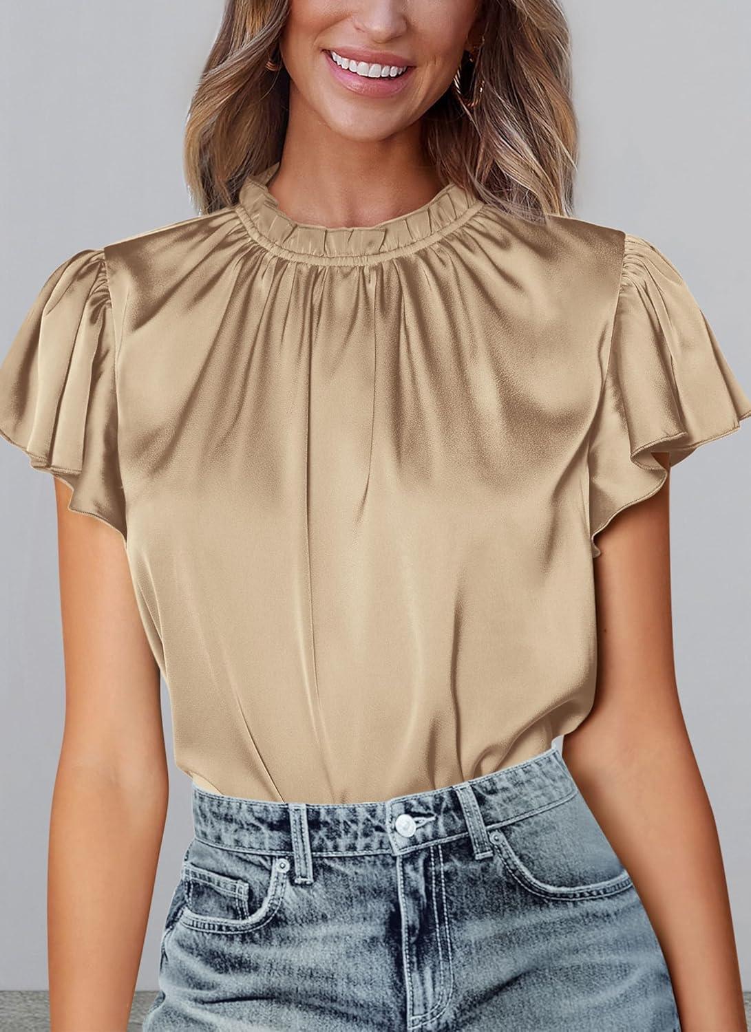 imagePRETTYGARDEN Business Casual Tops for Women Blouses Dressy 2025 Summer Short Sleeve Ruffle Satin Work Office AttireKhaki