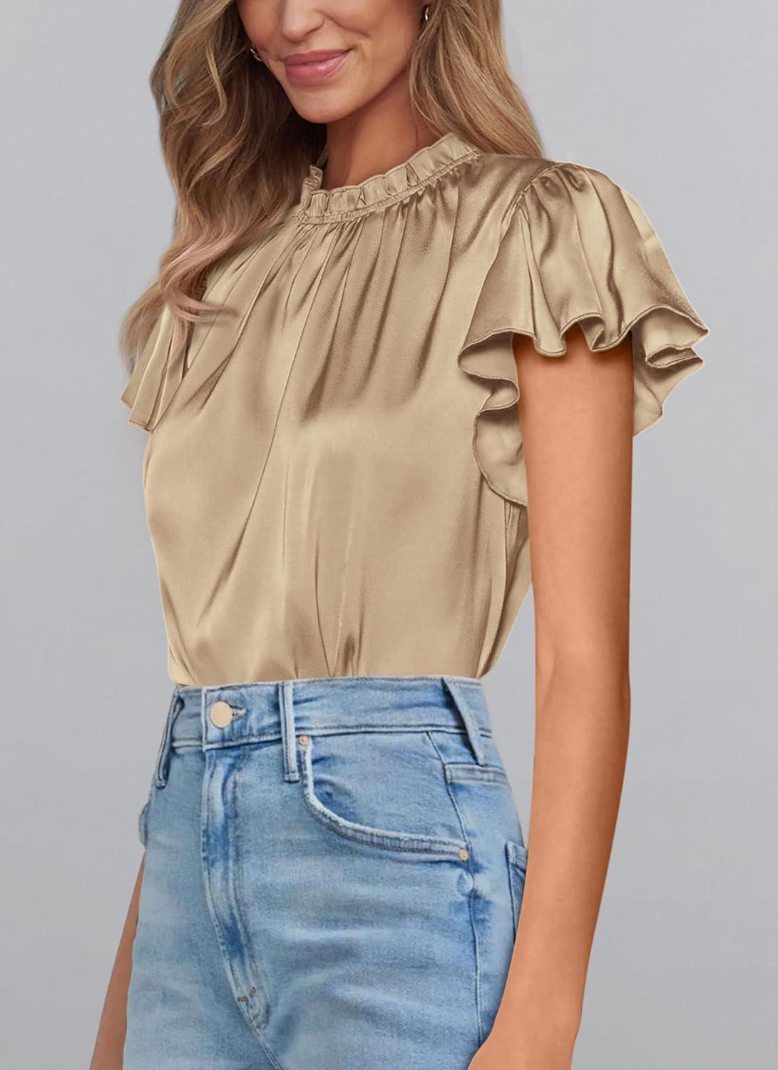 imagePRETTYGARDEN Business Casual Tops for Women Blouses Dressy 2025 Summer Short Sleeve Ruffle Satin Work Office AttireKhaki