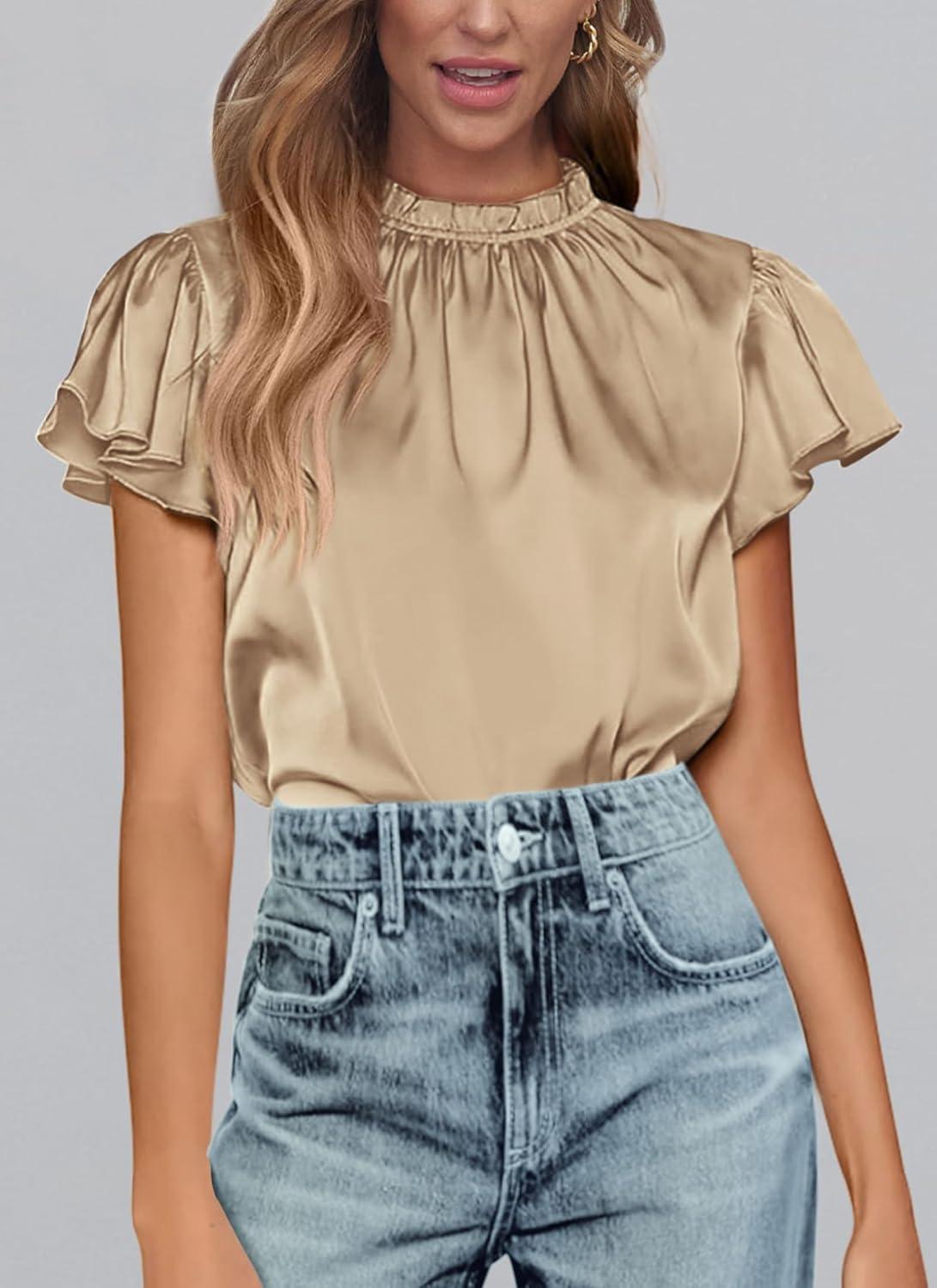 imagePRETTYGARDEN Business Casual Tops for Women Blouses Dressy 2025 Summer Short Sleeve Ruffle Satin Work Office AttireKhaki