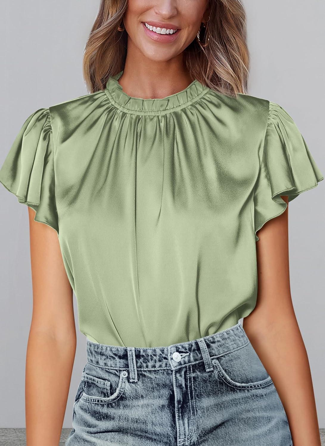 imagePRETTYGARDEN Business Casual Tops for Women Blouses Dressy 2025 Summer Short Sleeve Ruffle Satin Work Office AttireMint Green
