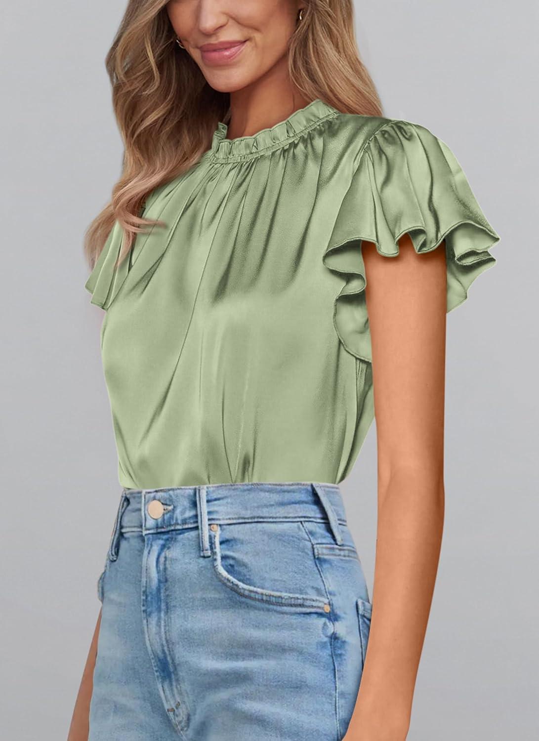 imagePRETTYGARDEN Business Casual Tops for Women Blouses Dressy 2025 Summer Short Sleeve Ruffle Satin Work Office AttireMint Green
