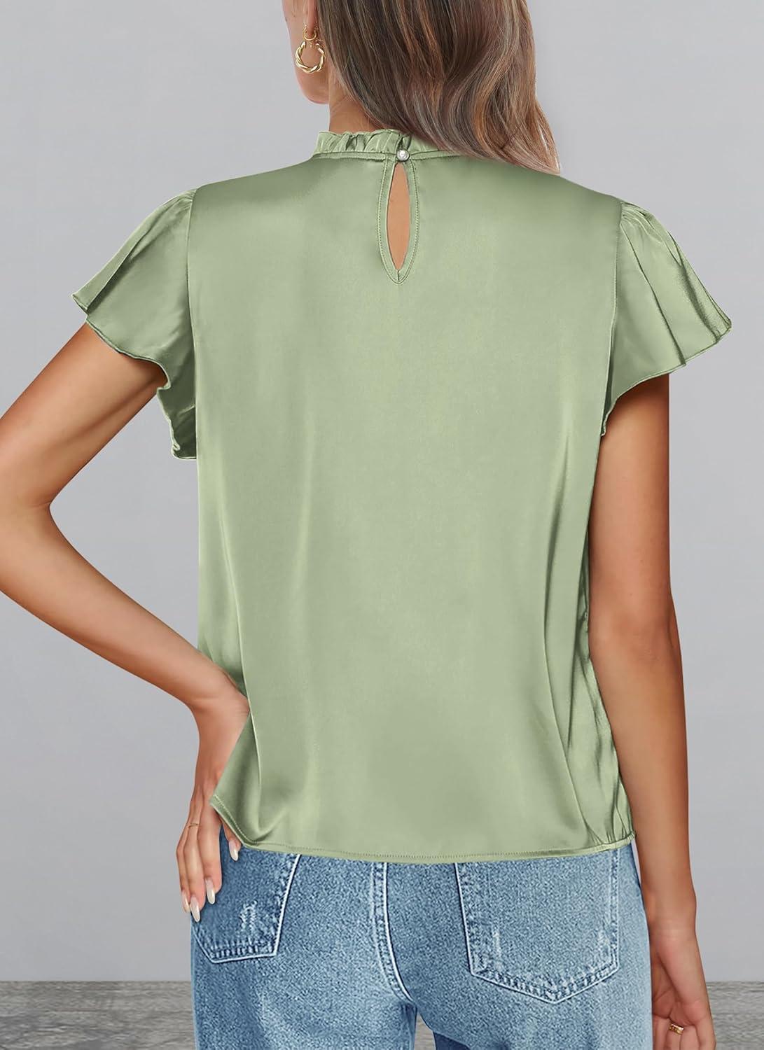 imagePRETTYGARDEN Business Casual Tops for Women Blouses Dressy 2025 Summer Short Sleeve Ruffle Satin Work Office AttireMint Green