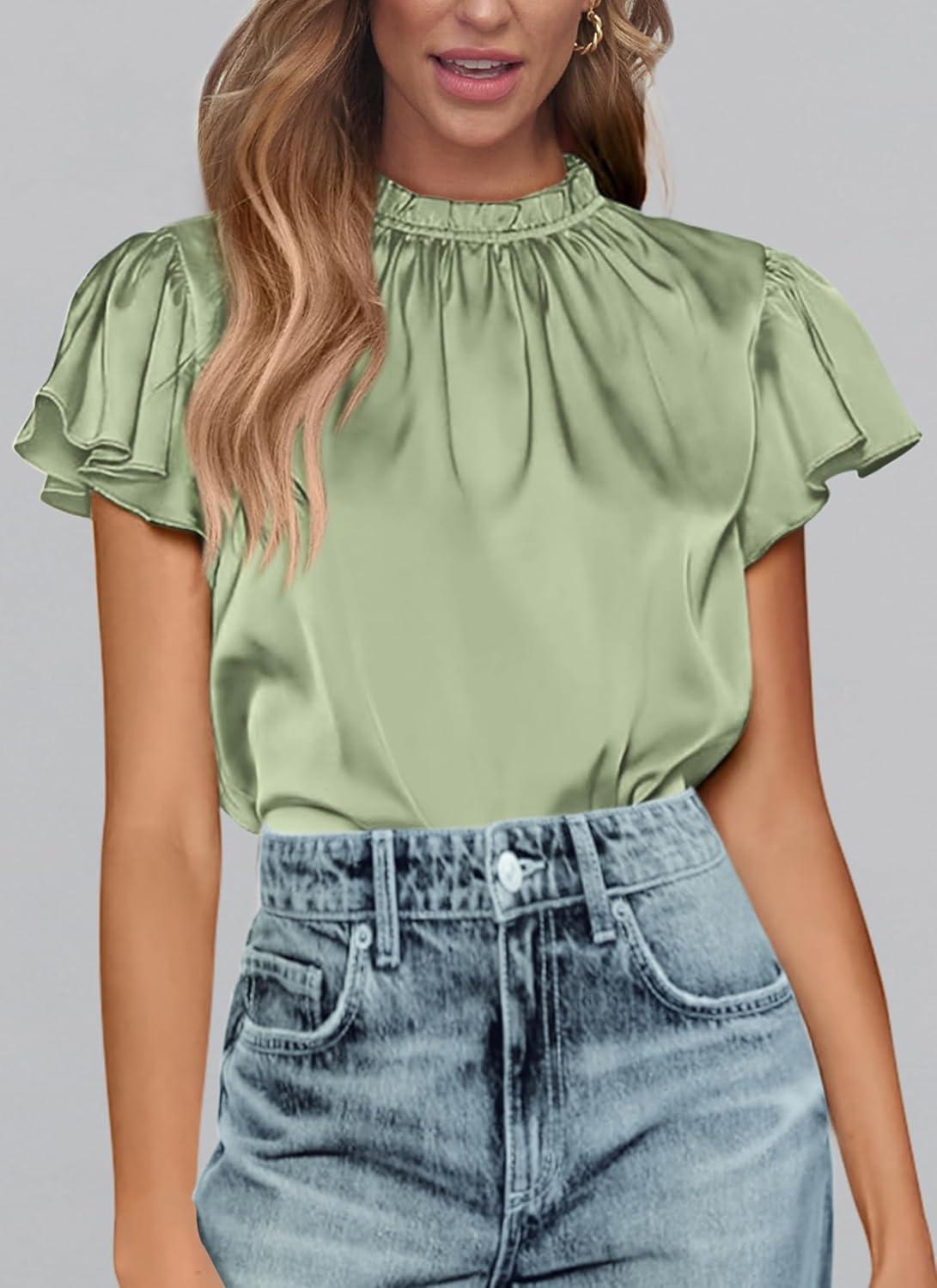 imagePRETTYGARDEN Business Casual Tops for Women Blouses Dressy 2025 Summer Short Sleeve Ruffle Satin Work Office AttireMint Green