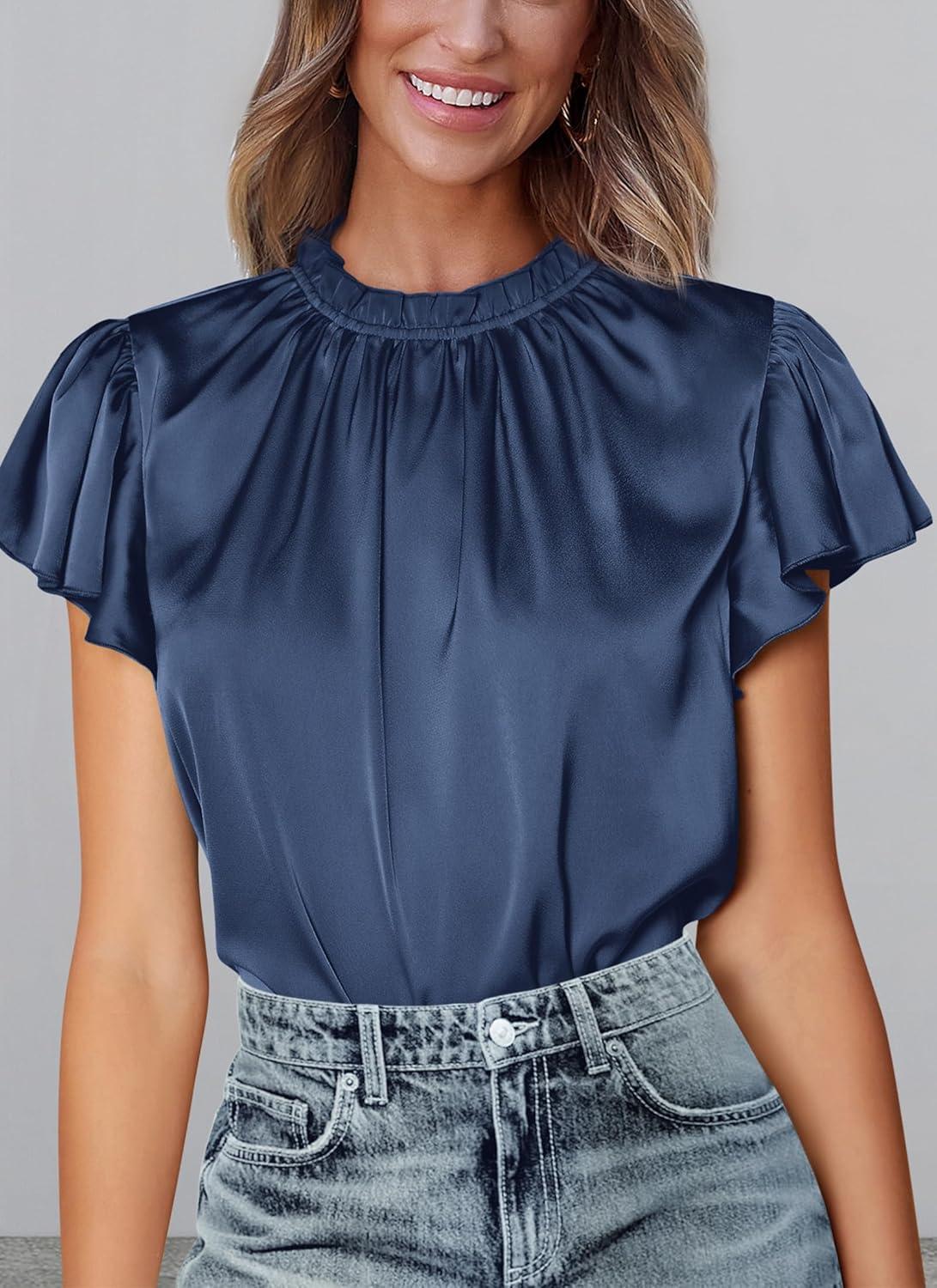 imagePRETTYGARDEN Business Casual Tops for Women Blouses Dressy 2025 Summer Short Sleeve Ruffle Satin Work Office AttireNavy