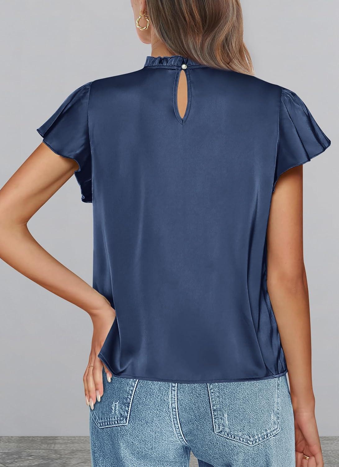 imagePRETTYGARDEN Business Casual Tops for Women Blouses Dressy 2025 Summer Short Sleeve Ruffle Satin Work Office AttireNavy