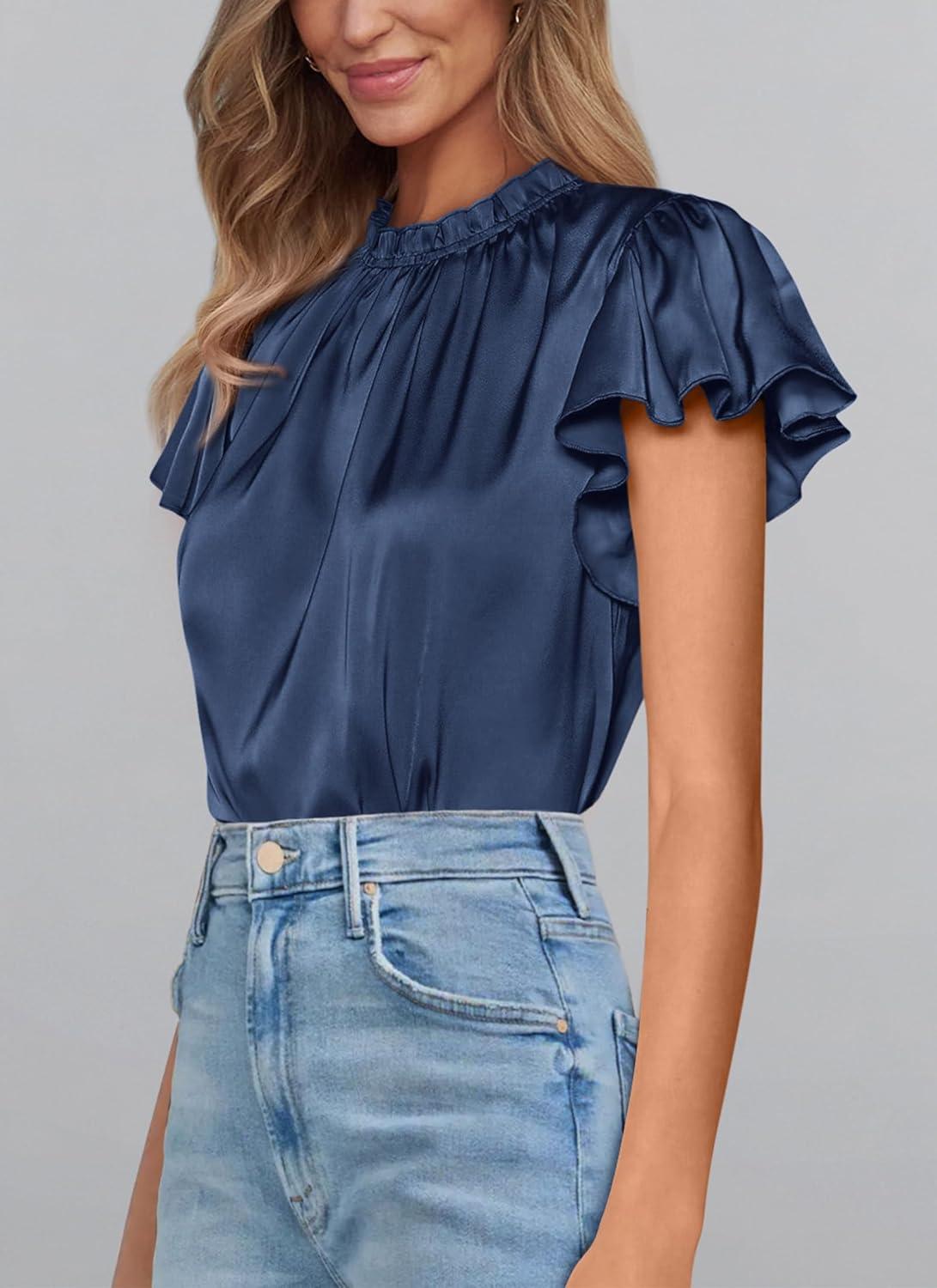 imagePRETTYGARDEN Business Casual Tops for Women Blouses Dressy 2025 Summer Short Sleeve Ruffle Satin Work Office AttireNavy