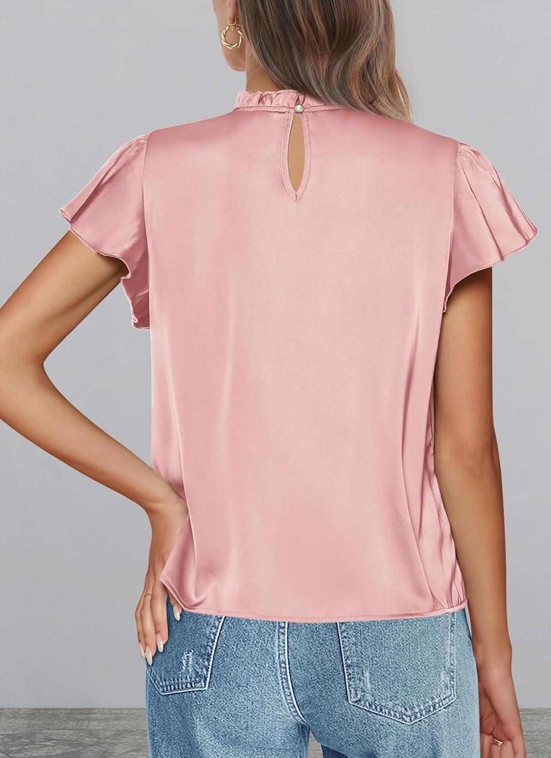 imagePRETTYGARDEN Business Casual Tops for Women Blouses Dressy 2025 Summer Short Sleeve Ruffle Satin Work Office AttirePink