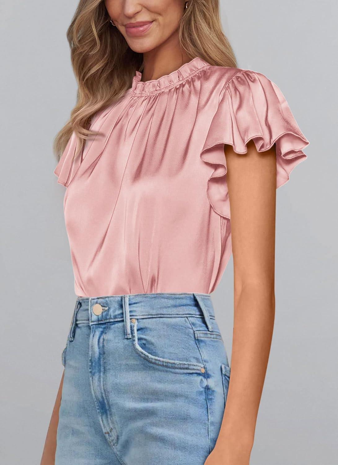 imagePRETTYGARDEN Business Casual Tops for Women Blouses Dressy 2025 Summer Short Sleeve Ruffle Satin Work Office AttirePink