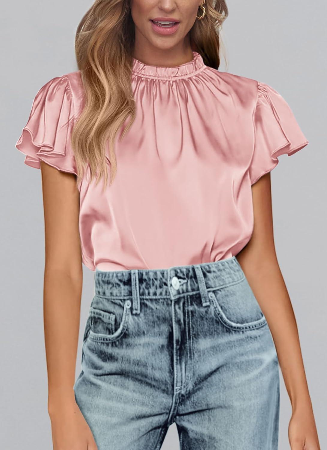 imagePRETTYGARDEN Business Casual Tops for Women Blouses Dressy 2025 Summer Short Sleeve Ruffle Satin Work Office AttirePink