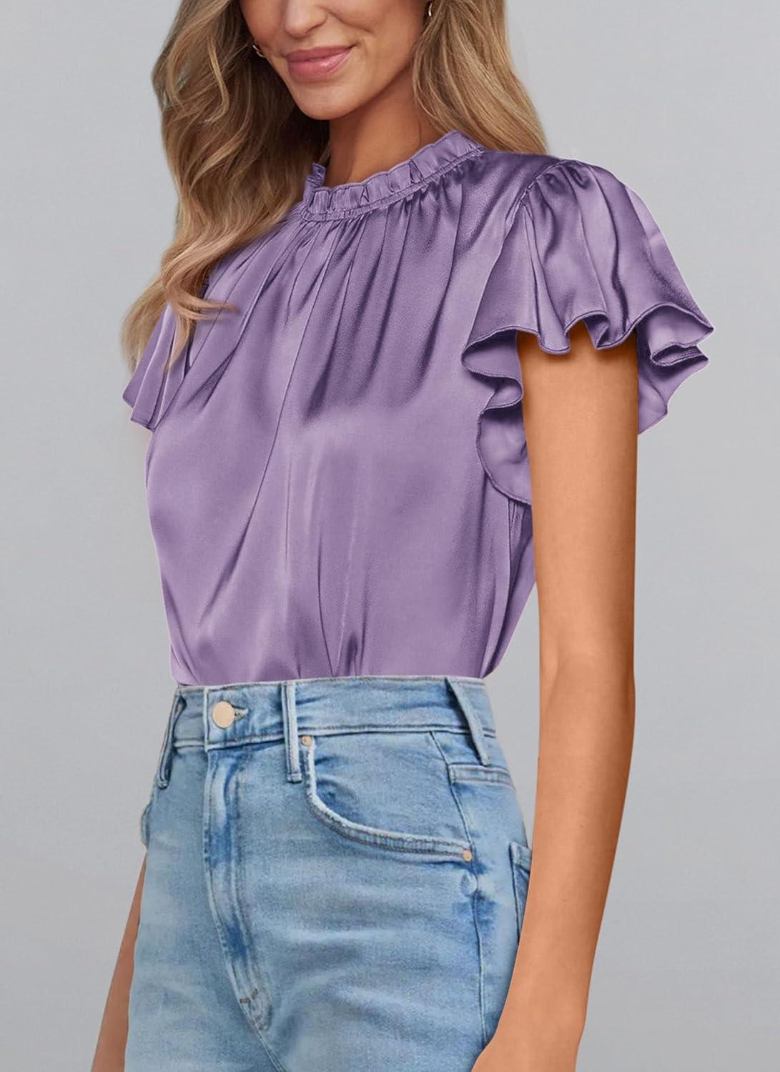 imagePRETTYGARDEN Business Casual Tops for Women Blouses Dressy 2025 Summer Short Sleeve Ruffle Satin Work Office AttirePurple