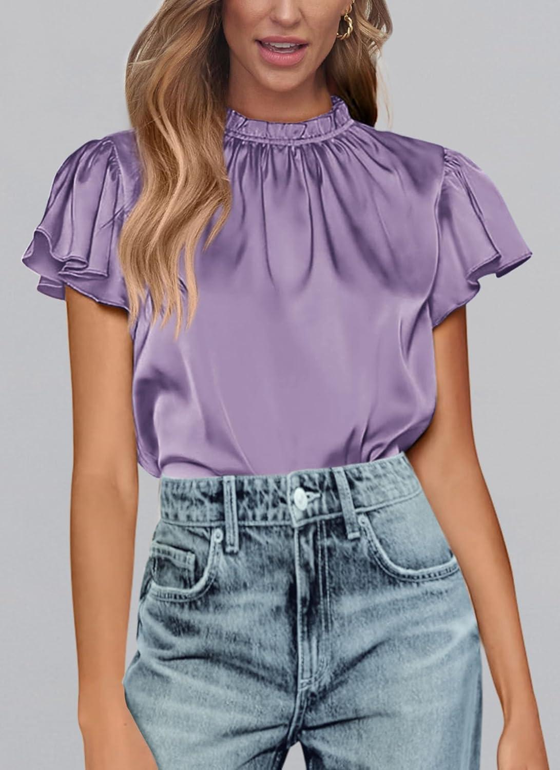 imagePRETTYGARDEN Business Casual Tops for Women Blouses Dressy 2025 Summer Short Sleeve Ruffle Satin Work Office AttirePurple