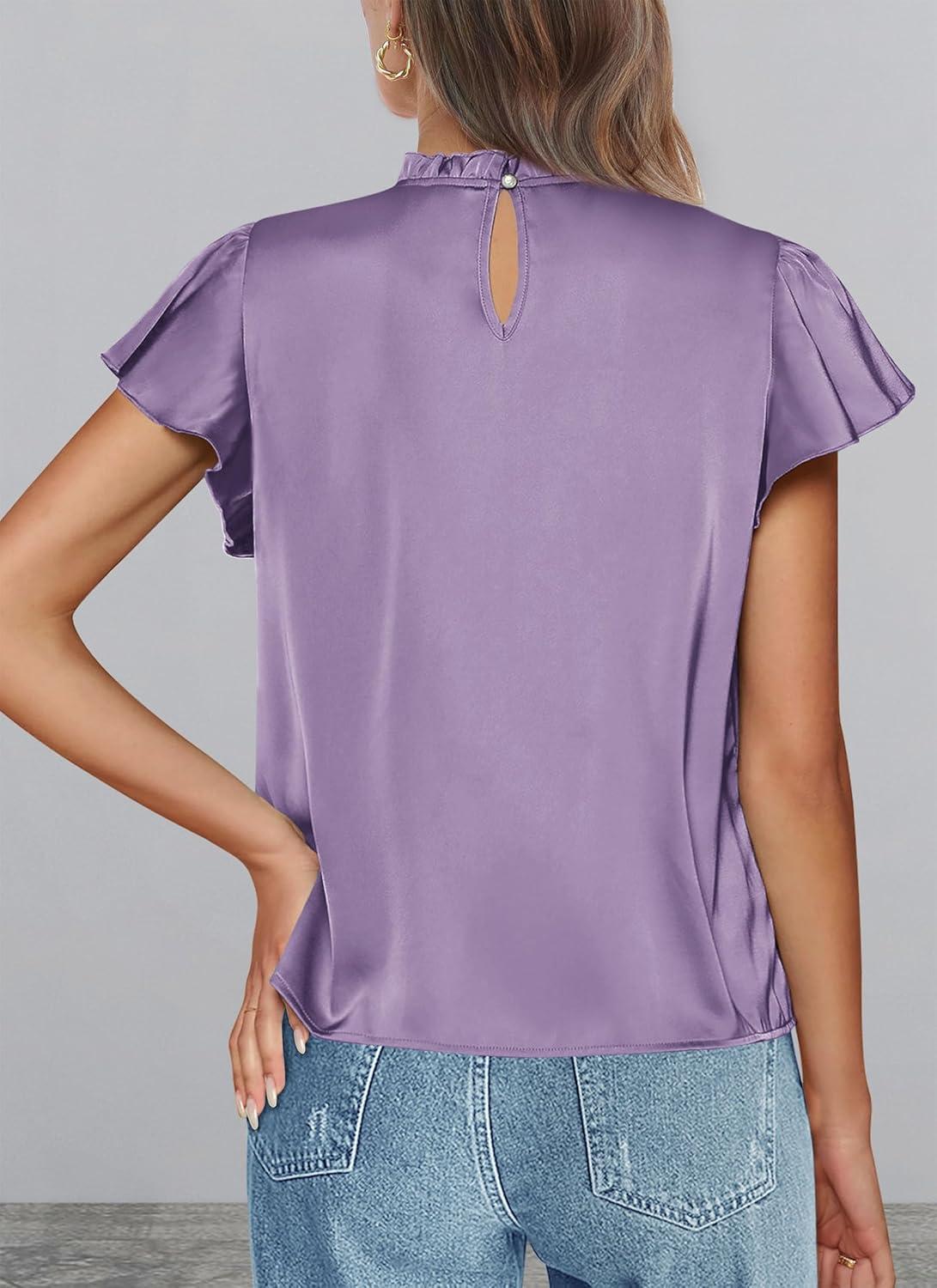imagePRETTYGARDEN Business Casual Tops for Women Blouses Dressy 2025 Summer Short Sleeve Ruffle Satin Work Office AttirePurple