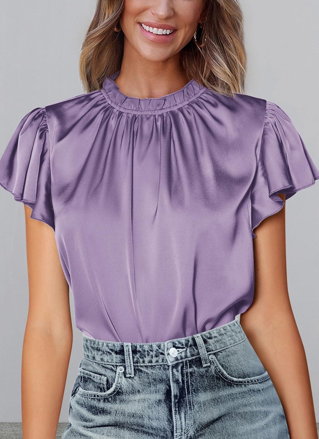 imagePRETTYGARDEN Business Casual Tops for Women Blouses Dressy 2025 Summer Short Sleeve Ruffle Satin Work Office AttirePurple