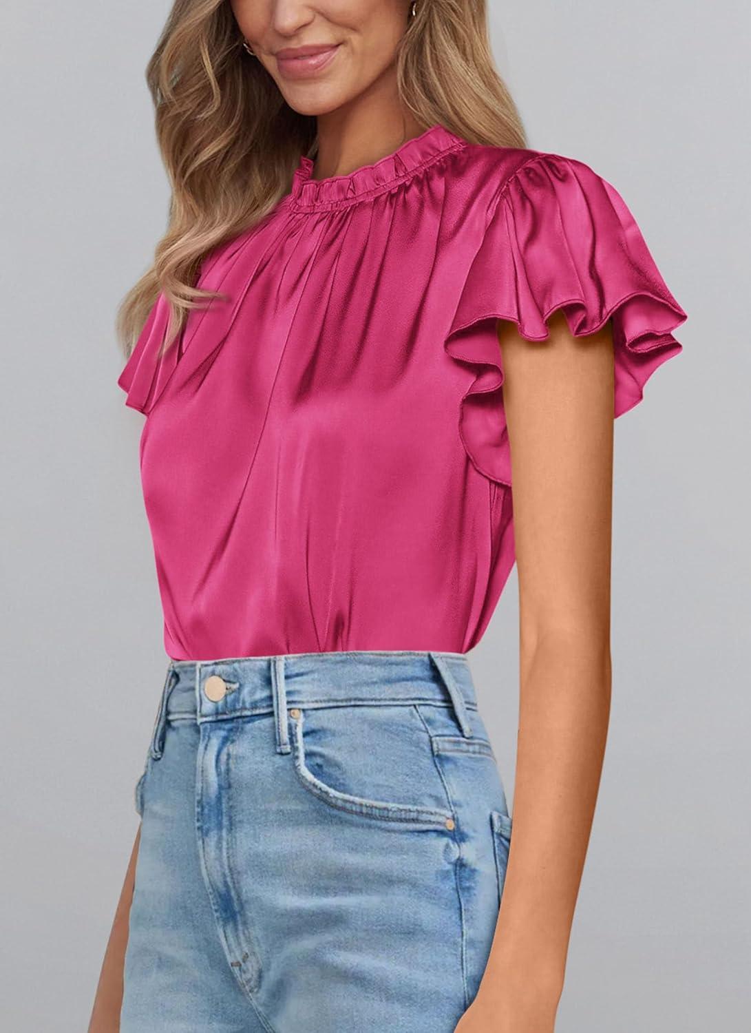 imagePRETTYGARDEN Business Casual Tops for Women Blouses Dressy 2025 Summer Short Sleeve Ruffle Satin Work Office AttireRose Red