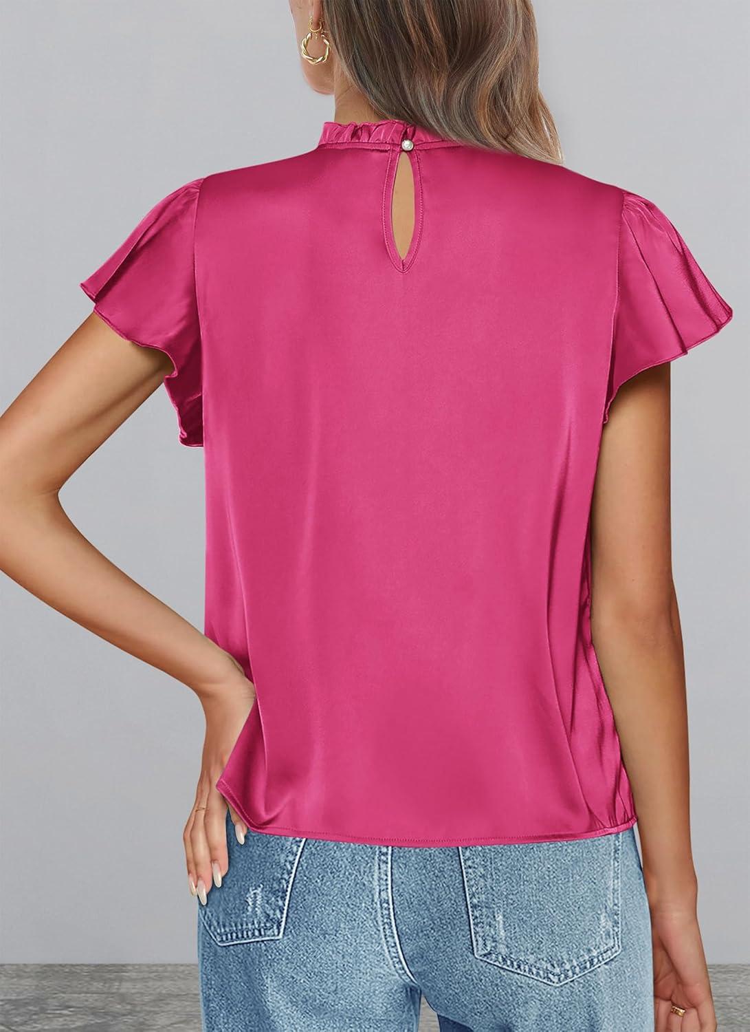 imagePRETTYGARDEN Business Casual Tops for Women Blouses Dressy 2025 Summer Short Sleeve Ruffle Satin Work Office AttireRose Red
