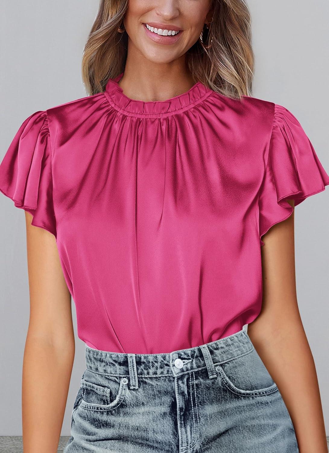 imagePRETTYGARDEN Business Casual Tops for Women Blouses Dressy 2025 Summer Short Sleeve Ruffle Satin Work Office AttireRose Red