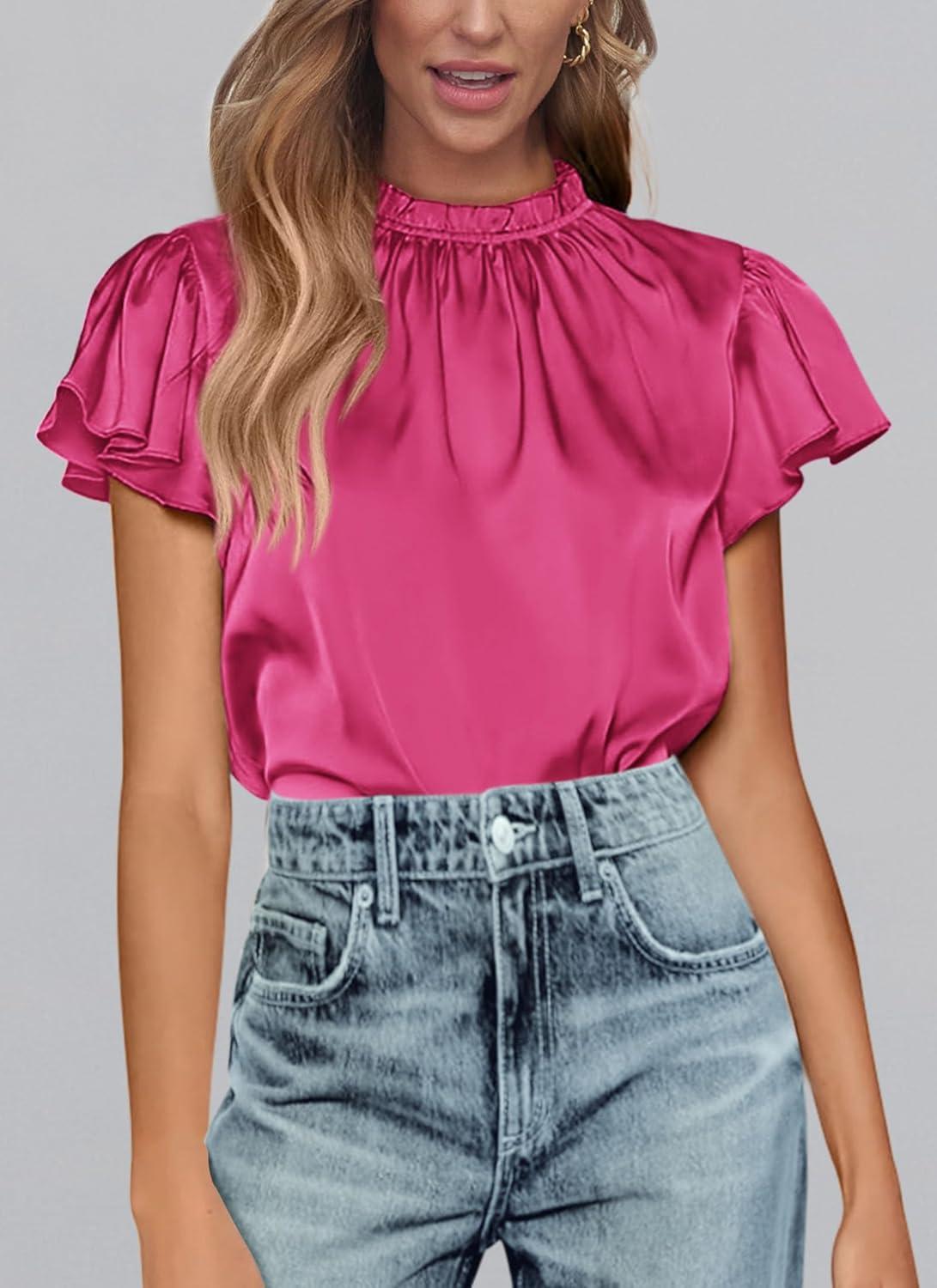 imagePRETTYGARDEN Business Casual Tops for Women Blouses Dressy 2025 Summer Short Sleeve Ruffle Satin Work Office AttireRose Red