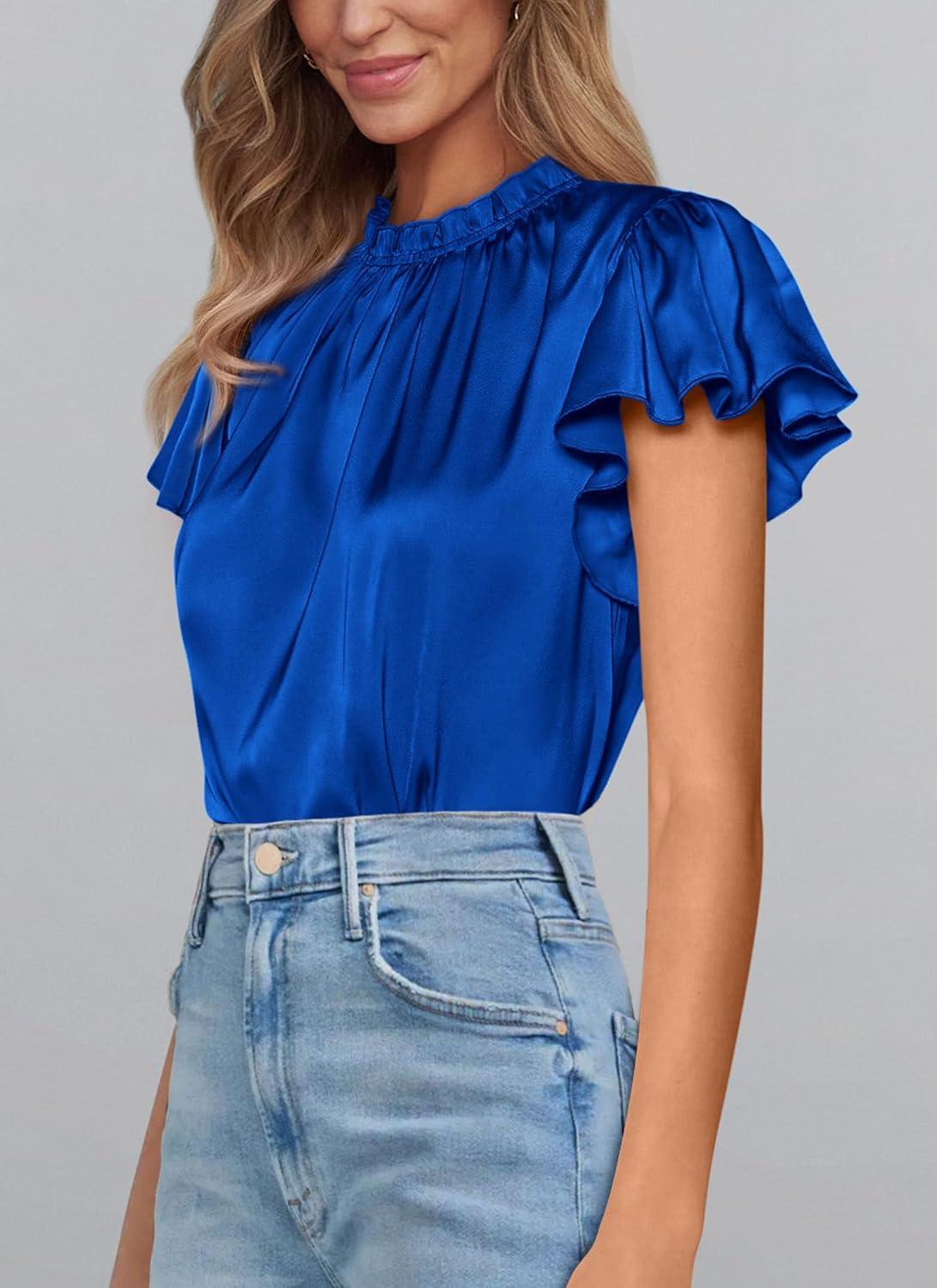 imagePRETTYGARDEN Business Casual Tops for Women Blouses Dressy 2025 Summer Short Sleeve Ruffle Satin Work Office AttireRoyal Blue