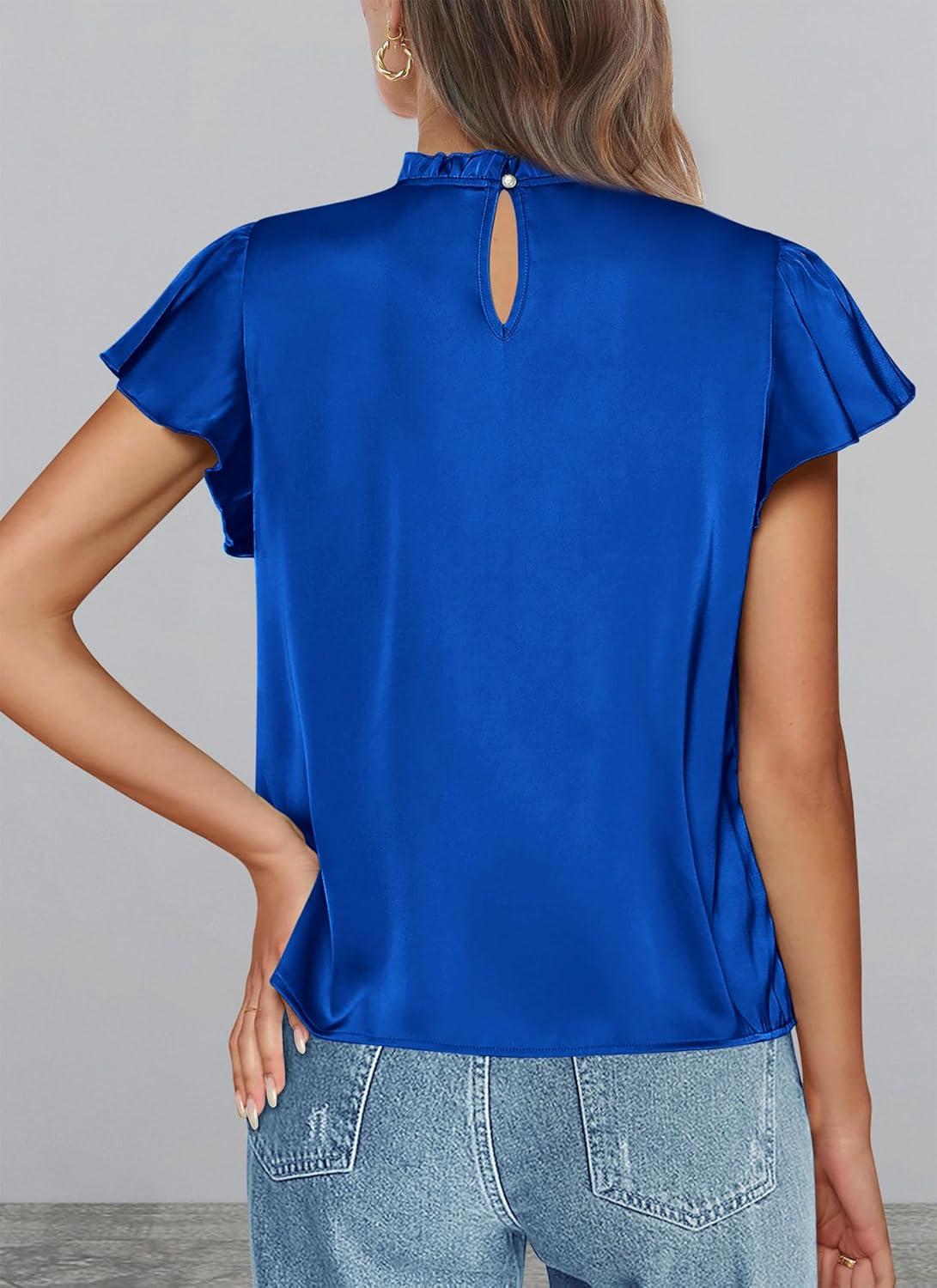 imagePRETTYGARDEN Business Casual Tops for Women Blouses Dressy 2025 Summer Short Sleeve Ruffle Satin Work Office AttireRoyal Blue
