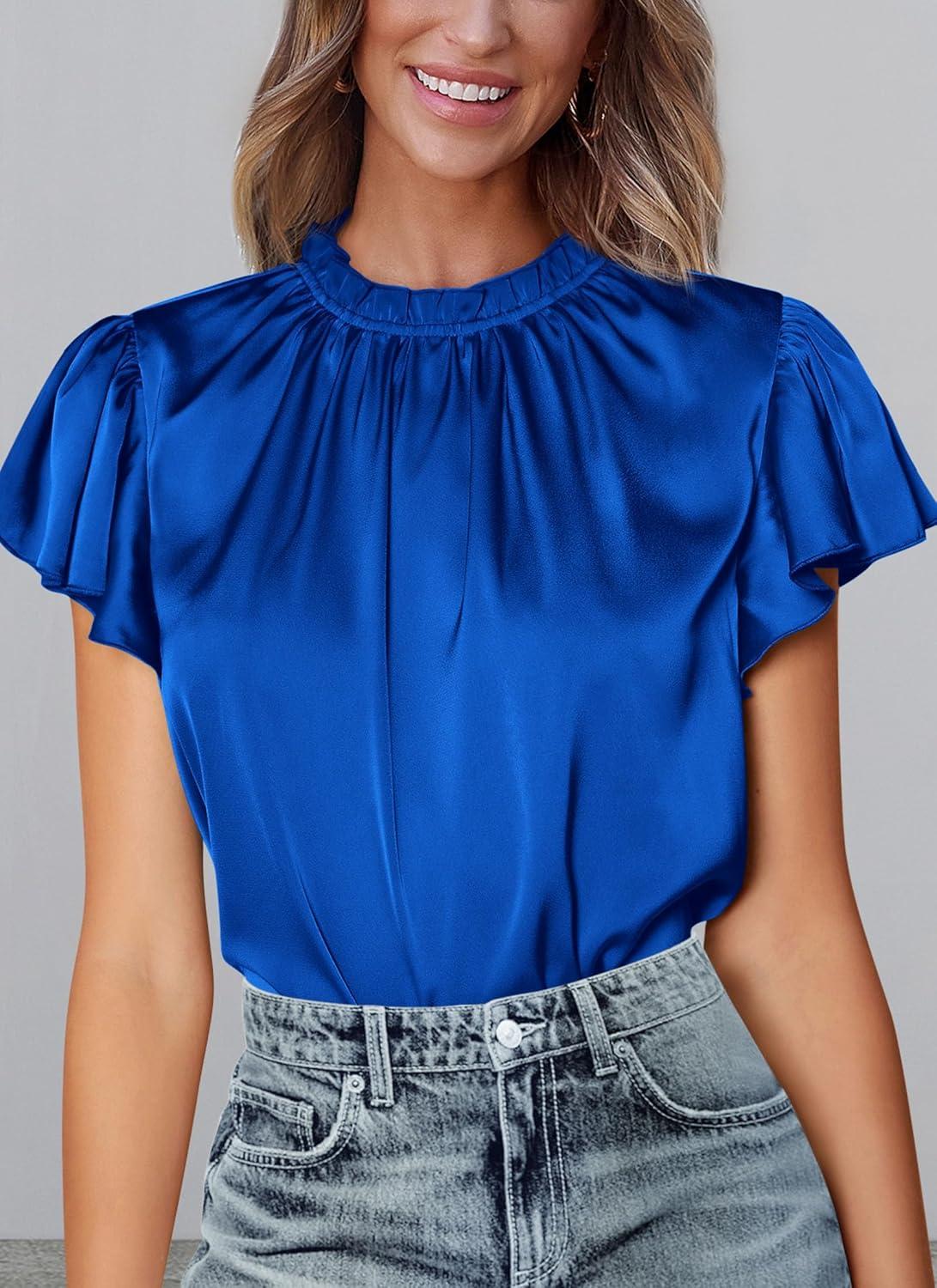 imagePRETTYGARDEN Business Casual Tops for Women Blouses Dressy 2025 Summer Short Sleeve Ruffle Satin Work Office AttireRoyal Blue