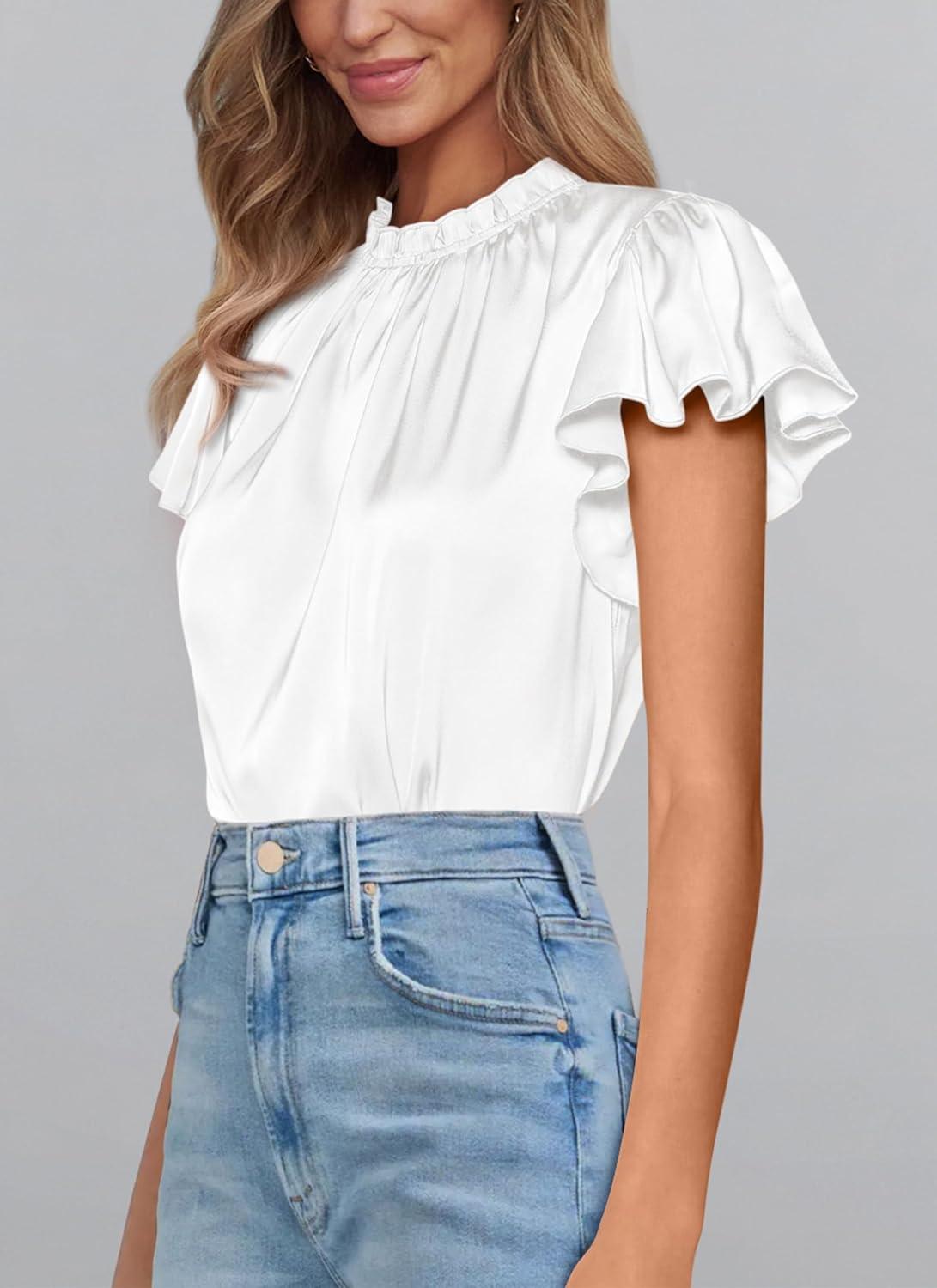 imagePRETTYGARDEN Business Casual Tops for Women Blouses Dressy 2025 Summer Short Sleeve Ruffle Satin Work Office AttireWhite