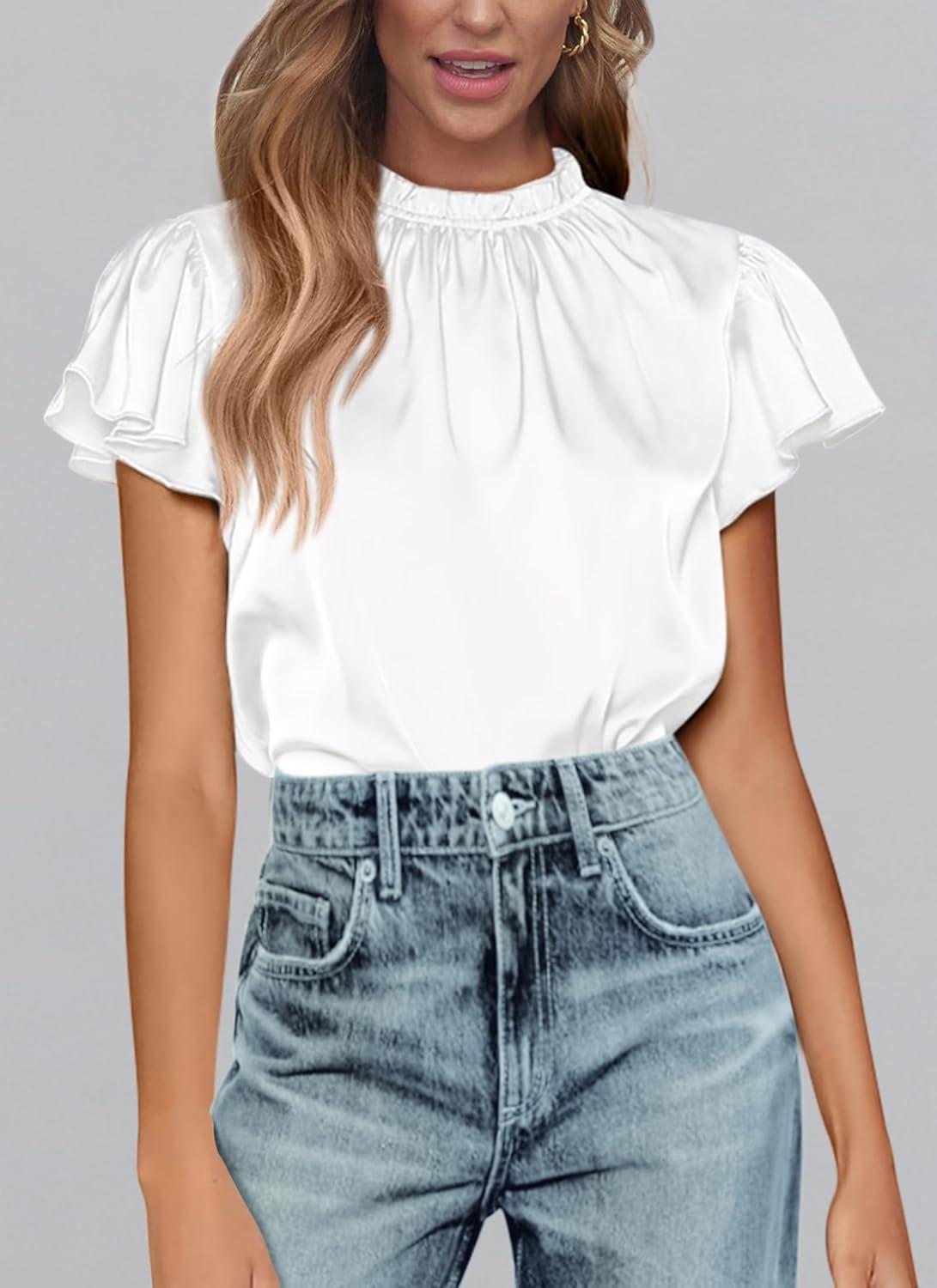 imagePRETTYGARDEN Business Casual Tops for Women Blouses Dressy 2025 Summer Short Sleeve Ruffle Satin Work Office AttireWhite