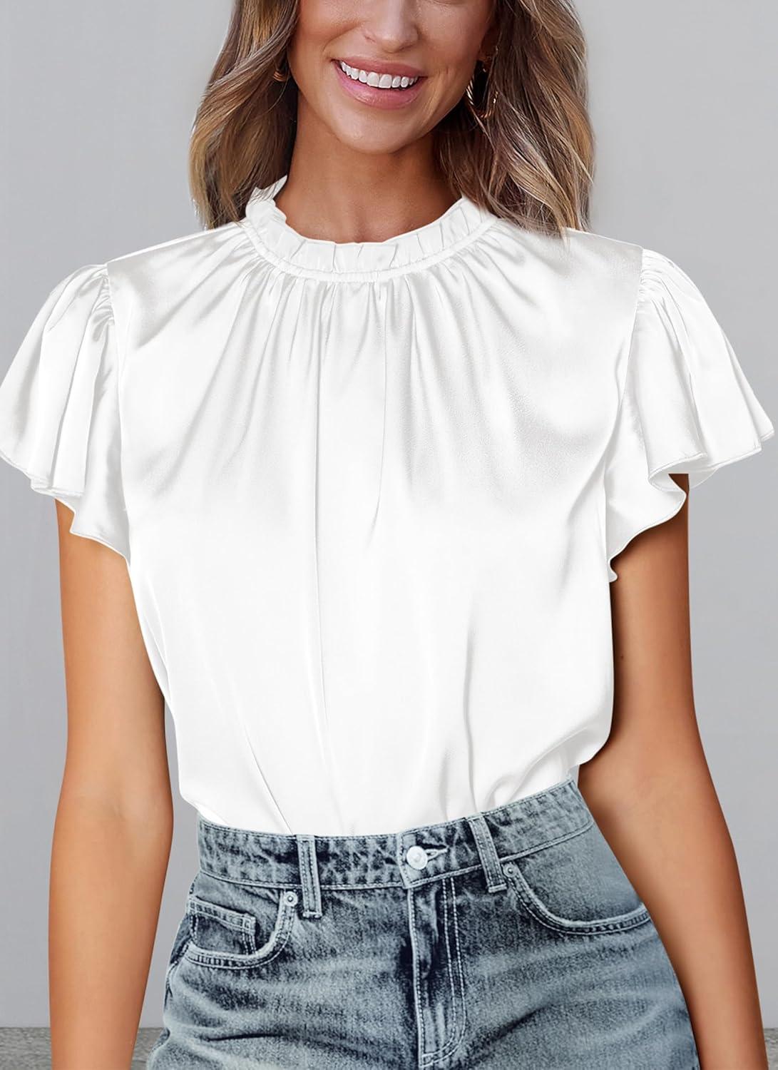 imagePRETTYGARDEN Business Casual Tops for Women Blouses Dressy 2025 Summer Short Sleeve Ruffle Satin Work Office AttireWhite