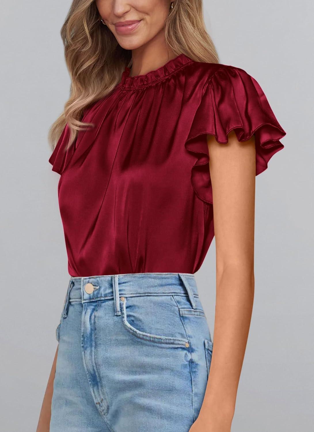 imagePRETTYGARDEN Business Casual Tops for Women Blouses Dressy 2025 Summer Short Sleeve Ruffle Satin Work Office AttireWine Red