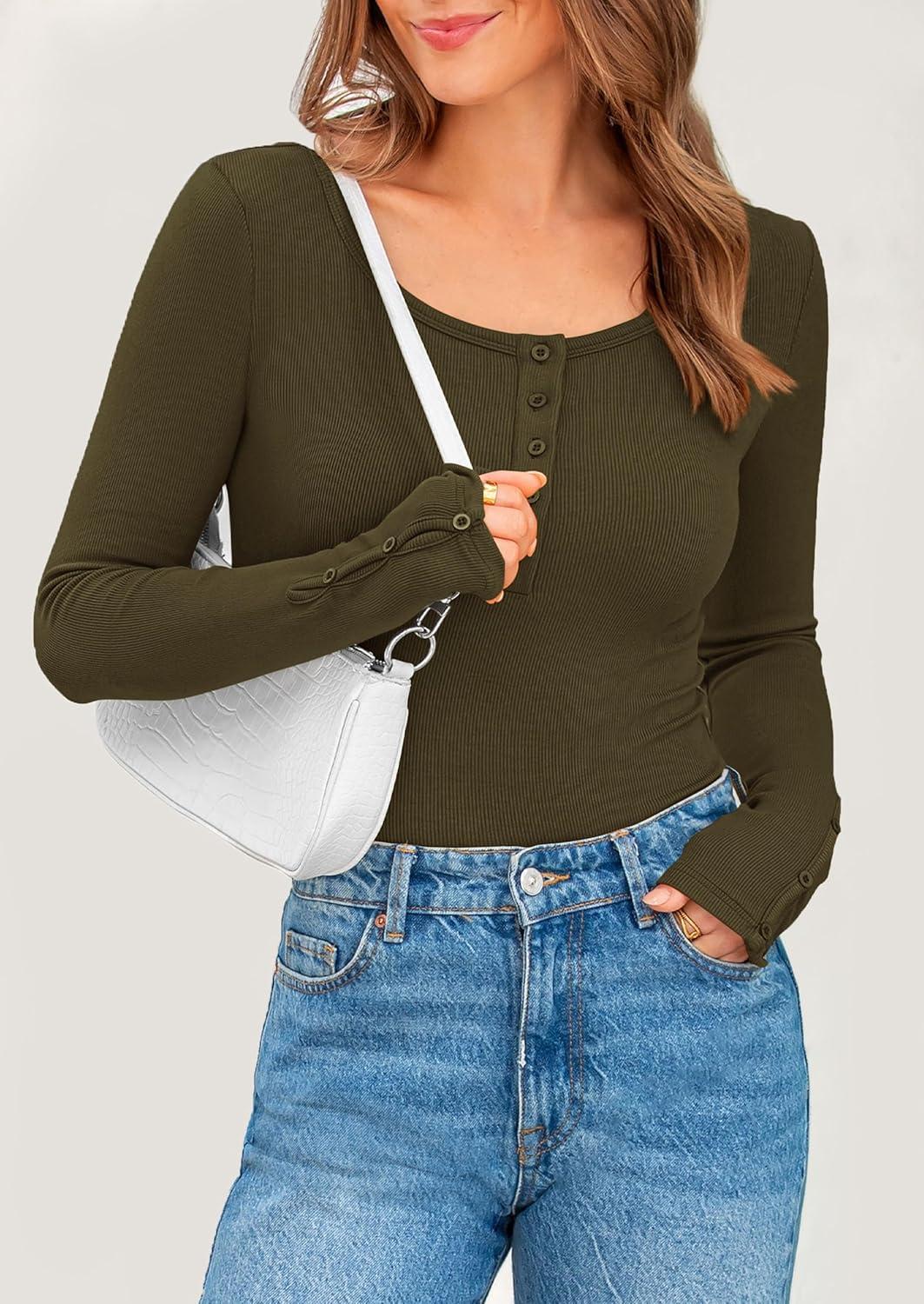 imagePRETTYGARDEN Womens 2025 Spring Long Sleeve Henley T Shirts Ribbed Knit Button Up Slim Fitted Basic Casual Going Out TopsArmy Green