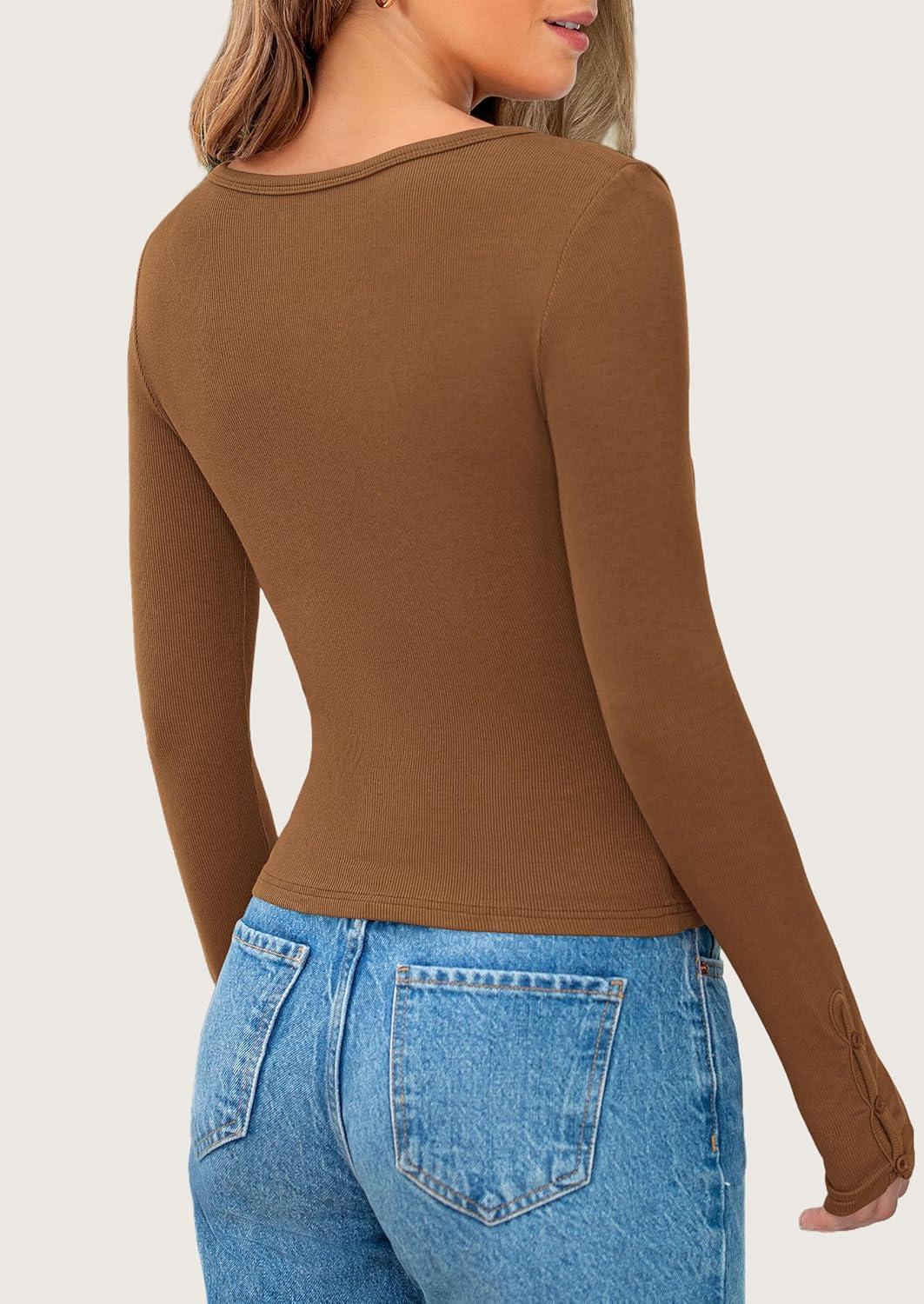 imagePRETTYGARDEN Womens 2025 Spring Long Sleeve Henley T Shirts Ribbed Knit Button Up Slim Fitted Basic Casual Going Out TopsBrown