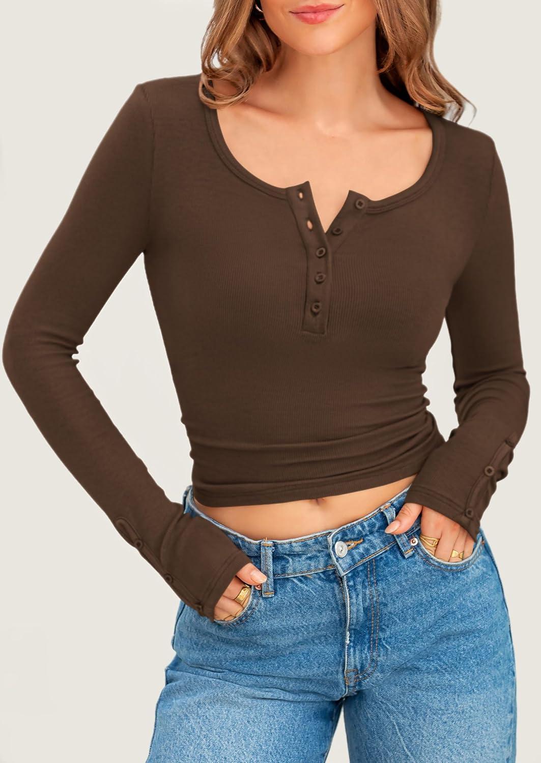 imagePRETTYGARDEN Womens 2025 Spring Long Sleeve Henley T Shirts Ribbed Knit Button Up Slim Fitted Basic Casual Going Out TopsCoffee