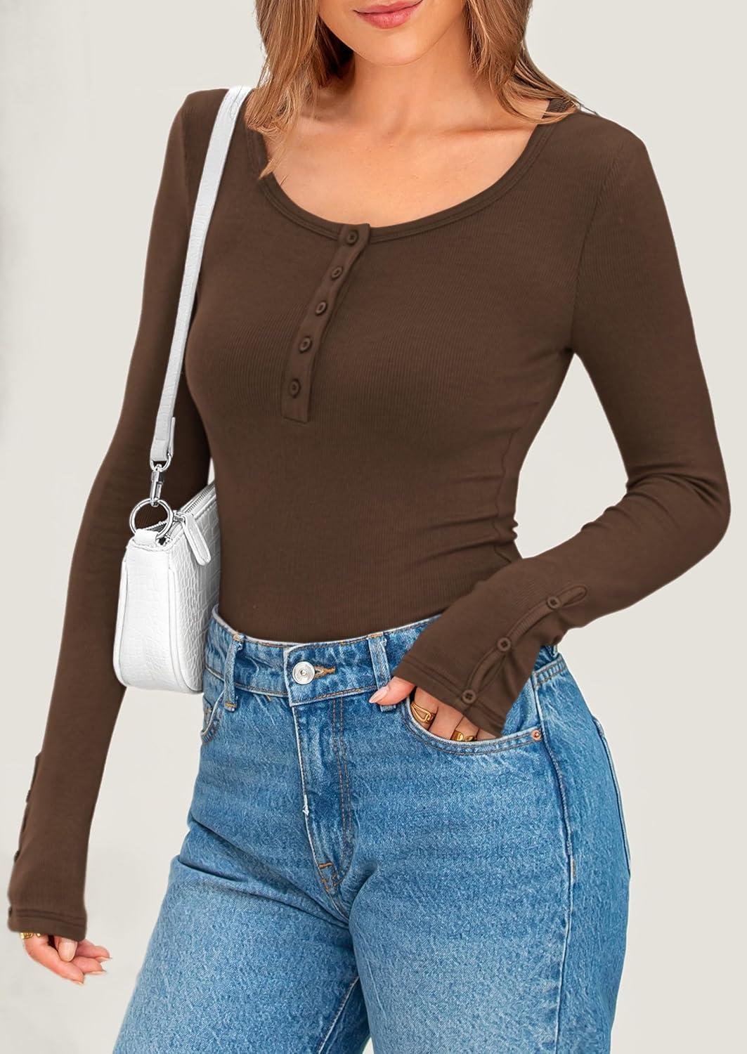 imagePRETTYGARDEN Womens 2025 Spring Long Sleeve Henley T Shirts Ribbed Knit Button Up Slim Fitted Basic Casual Going Out TopsCoffee