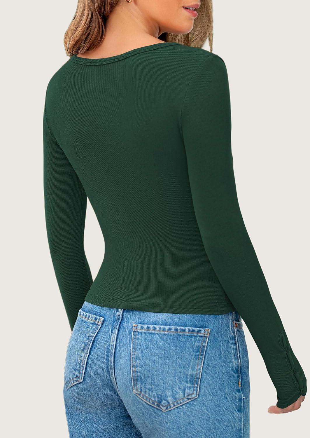 imagePRETTYGARDEN Womens 2025 Spring Long Sleeve Henley T Shirts Ribbed Knit Button Up Slim Fitted Basic Casual Going Out TopsDark Green