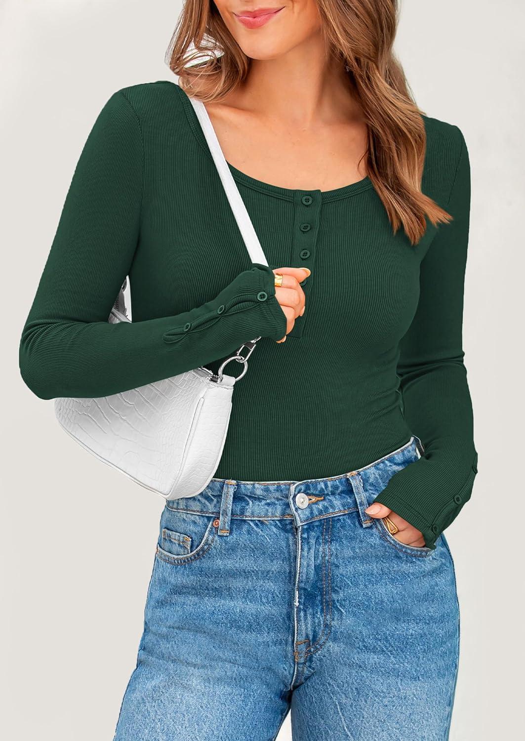 imagePRETTYGARDEN Womens 2025 Spring Long Sleeve Henley T Shirts Ribbed Knit Button Up Slim Fitted Basic Casual Going Out TopsDark Green